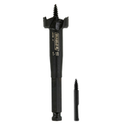 Black Diablo self-feed bit with 1-1/8 inch diameter head, screw point, and side cutters, shown full size and actual size.