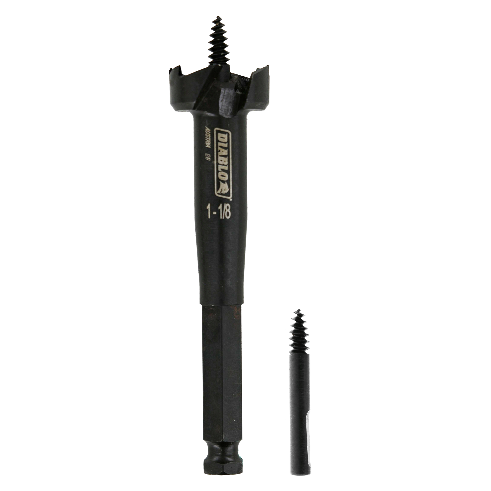 Black Diablo self-feed bit with 1-1/8 inch diameter head, screw point, and side cutters, shown full size and actual size.