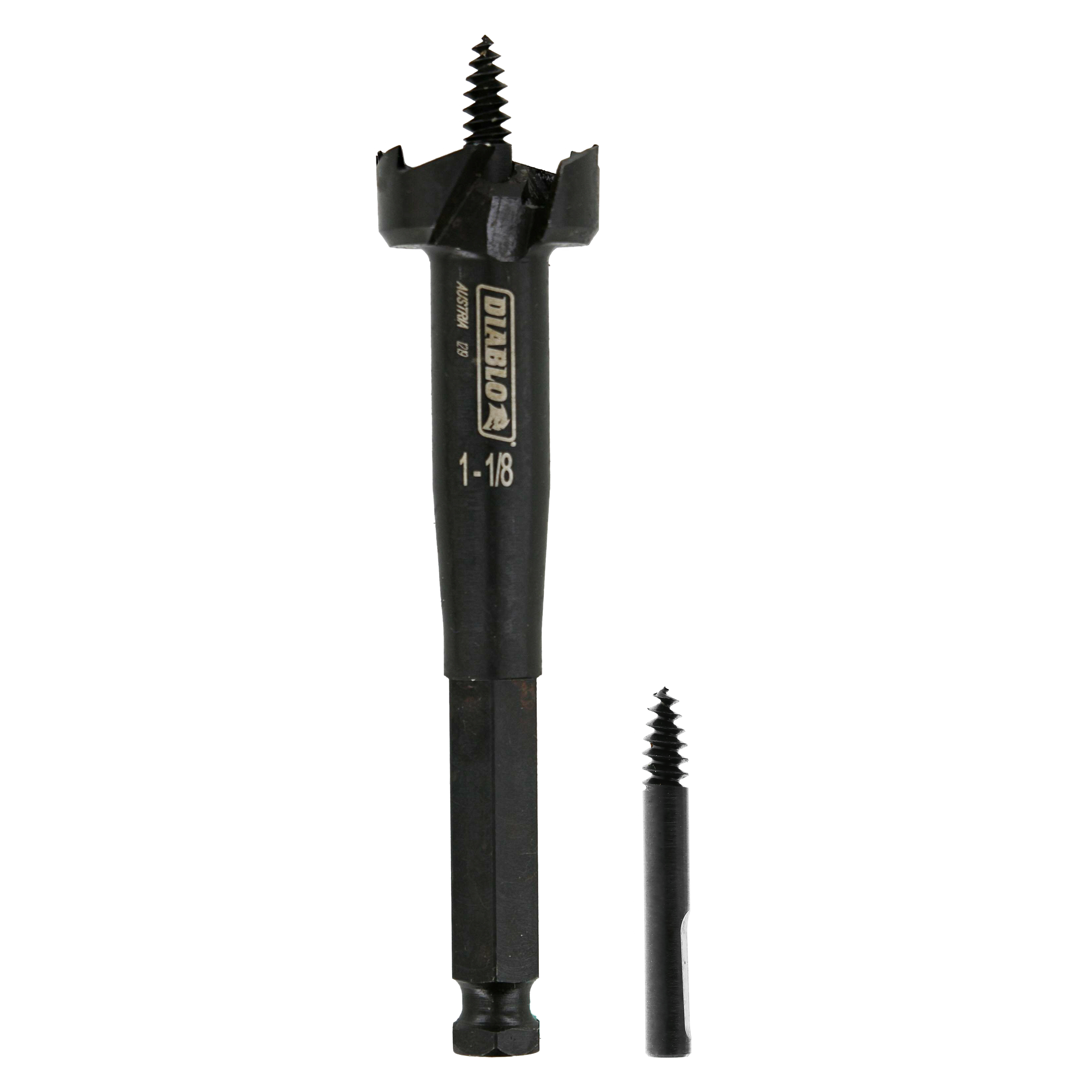 Black Diablo self-feed bit with 1-1/8 inch diameter head, screw point, and side cutters, shown full size and actual size.