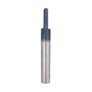 Carbide router bit with rounded nose tip, silver shaft with dark coating at top.