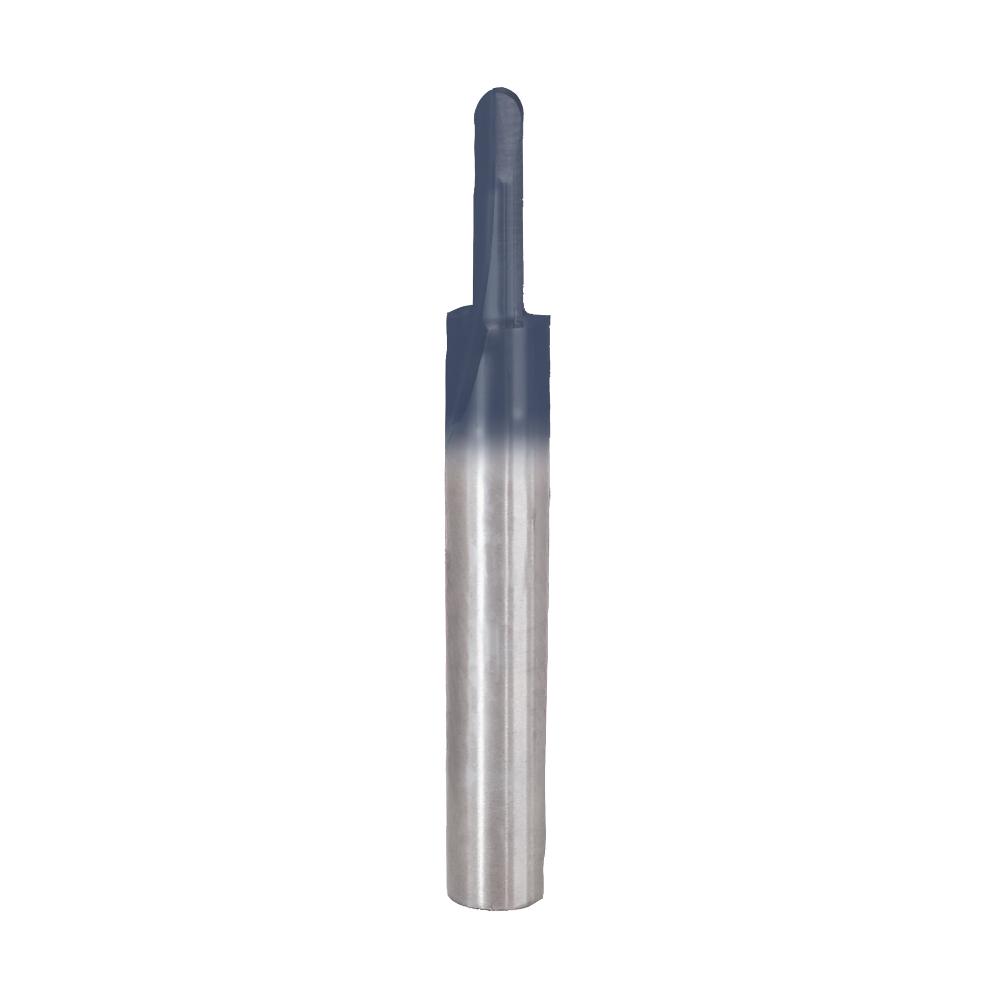 Carbide router bit with rounded nose tip, silver shaft with dark coating at top.