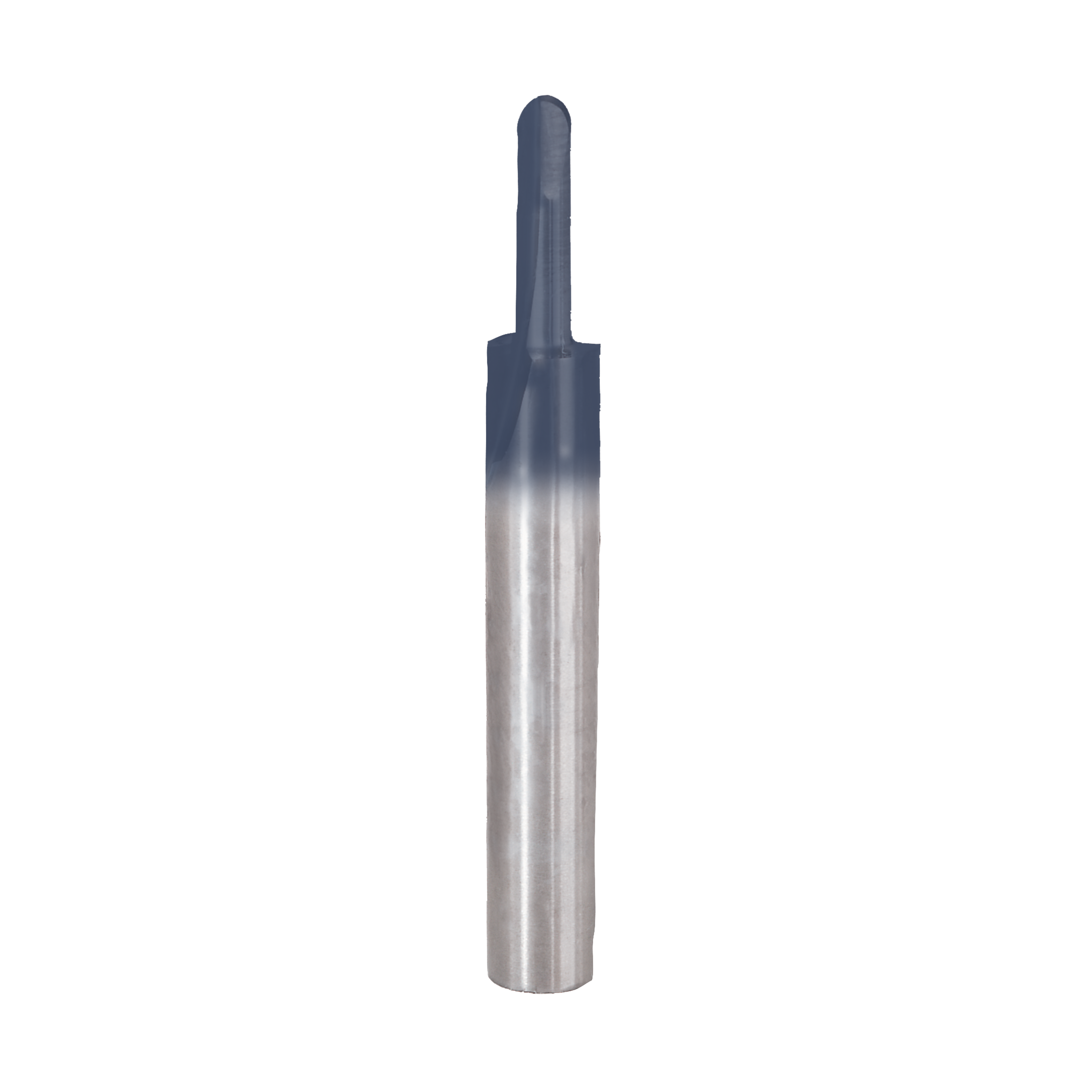 Carbide router bit with rounded nose tip, silver shaft with dark coating at top.