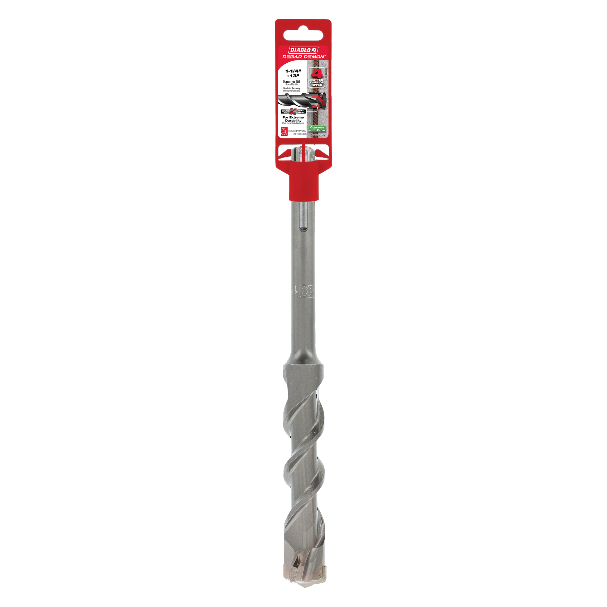 Diablo Rebar Demon SDS-Max hammer drill bit with gray carbide head and red packaging label at top.