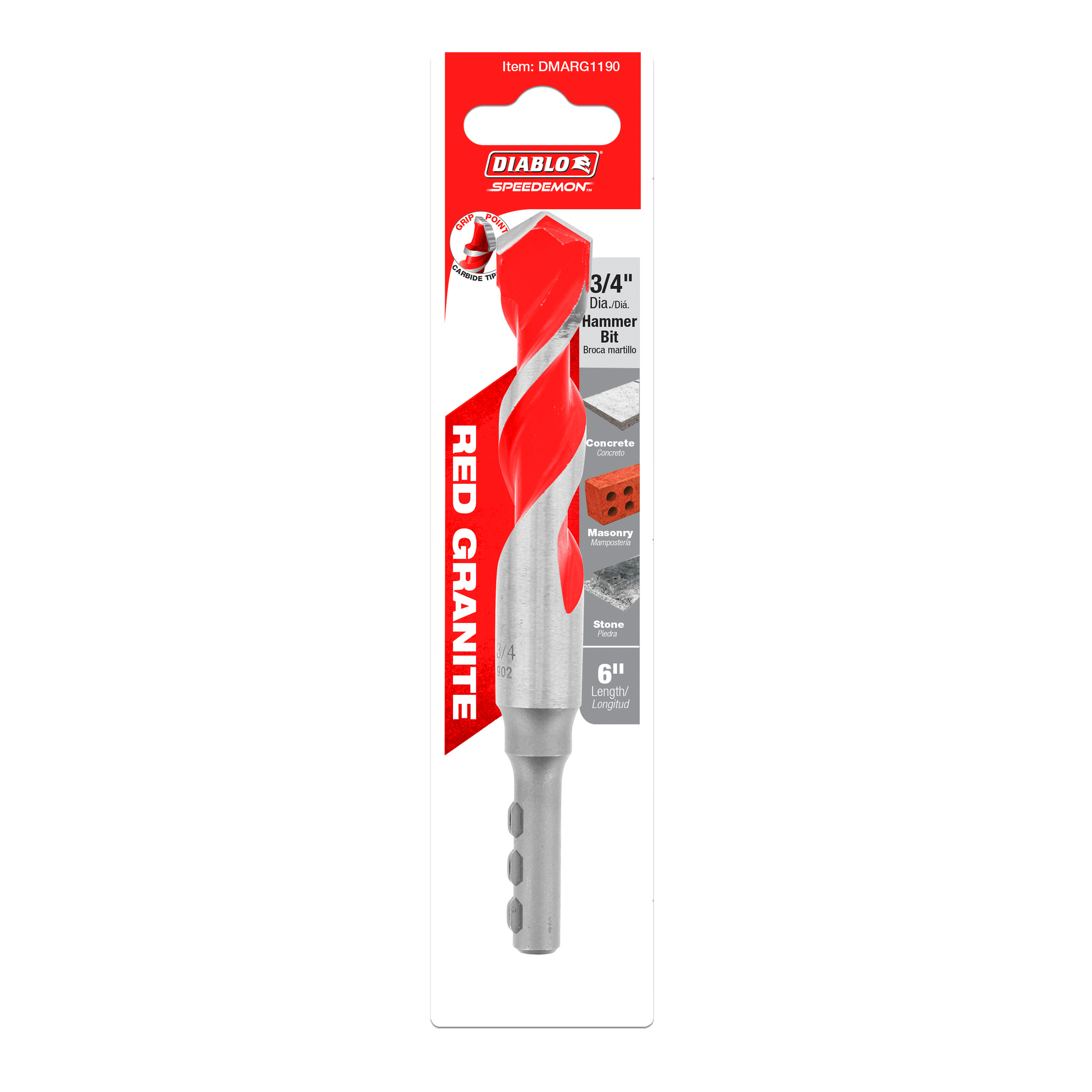 Diablo SPEEDemon 3/4 inch red granite carbide-tipped hammer drill bit with gray shaft on red and white packaging.
