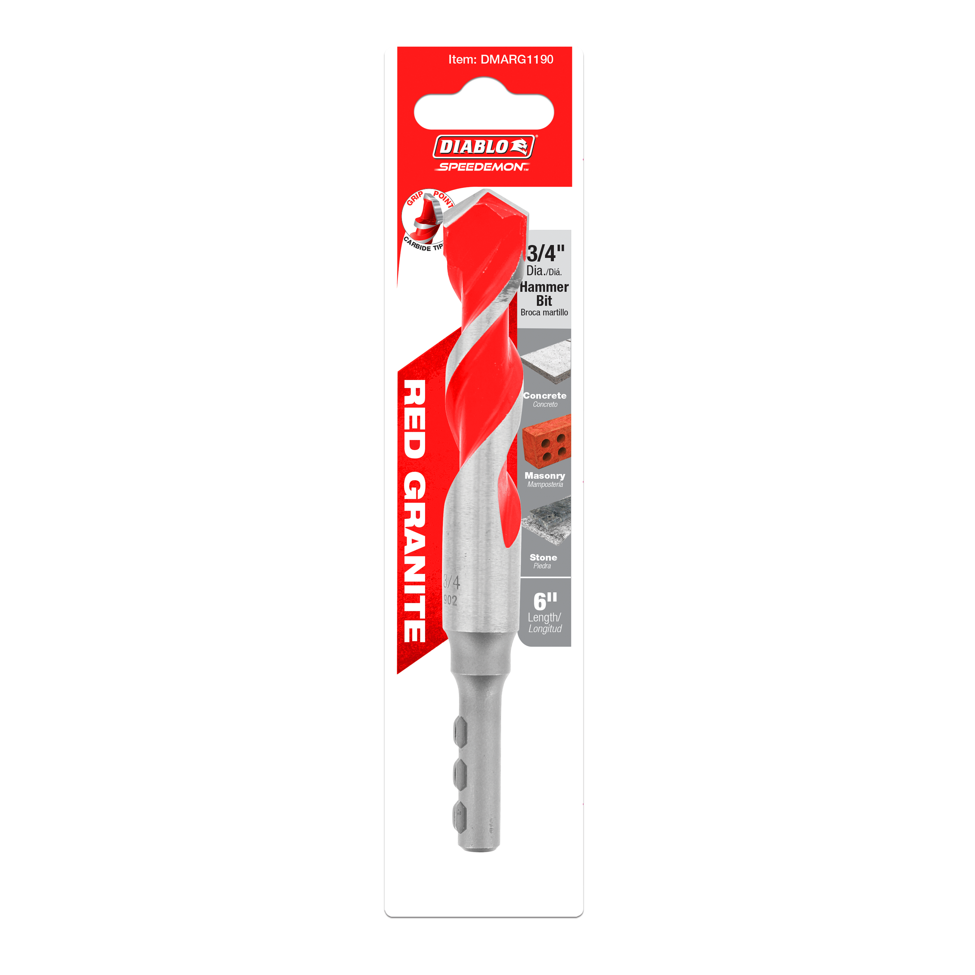 Diablo SPEEDemon 3/4 inch red granite carbide-tipped hammer drill bit with gray shaft on red and white packaging.