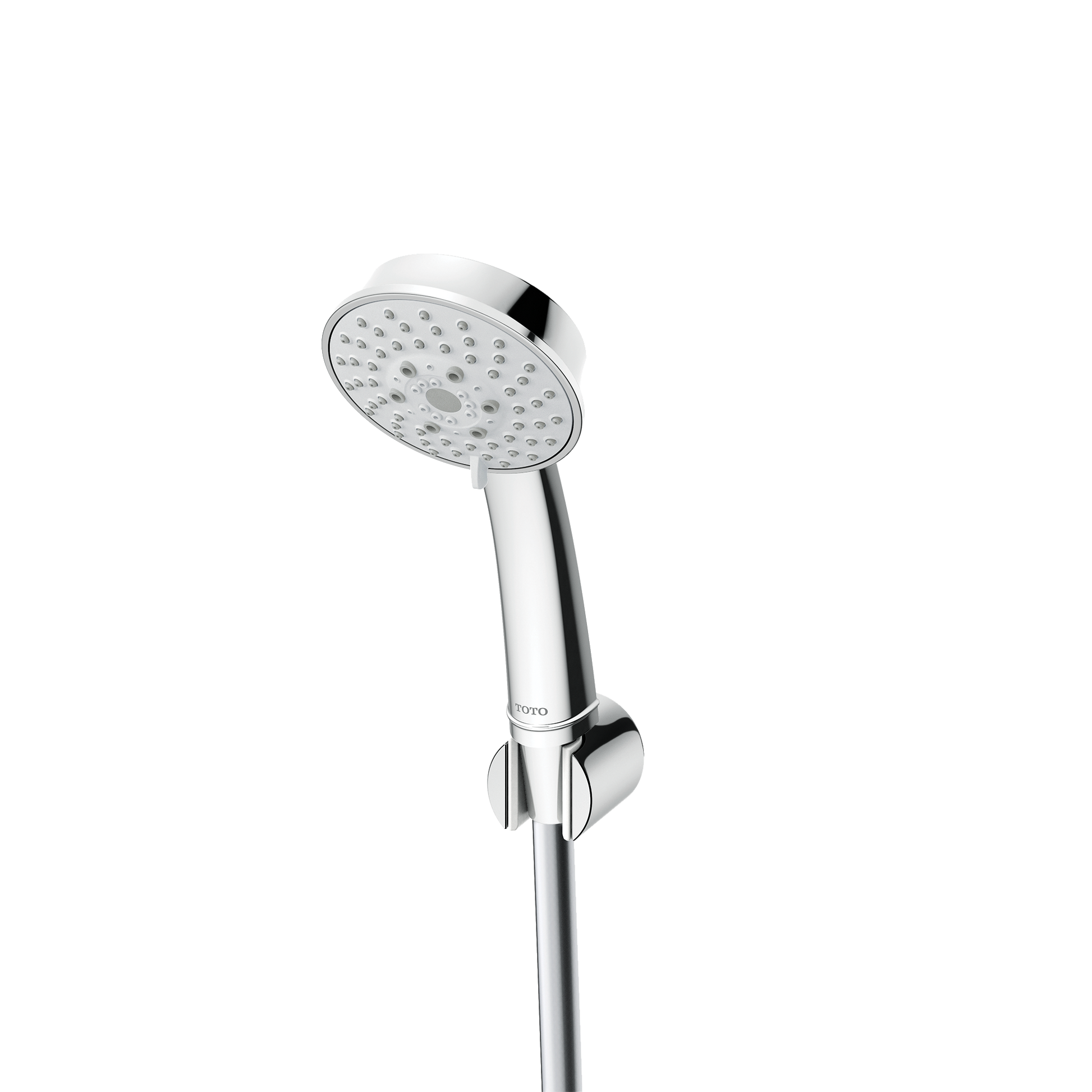 Polished chrome handshower with round perforated head and cylindrical handle featuring adjustment controls at base.