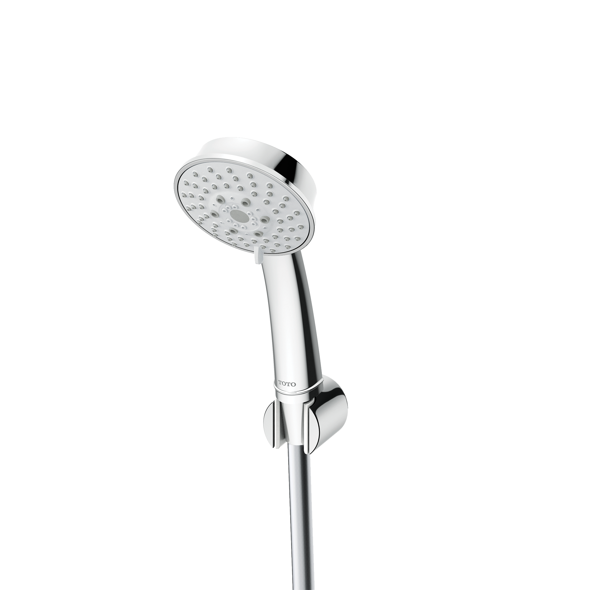 Polished chrome handshower with round perforated head and cylindrical handle featuring adjustment controls at base.