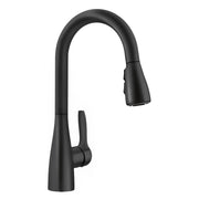 Matte black pull-down bar faucet with curved spout and single lever handle.