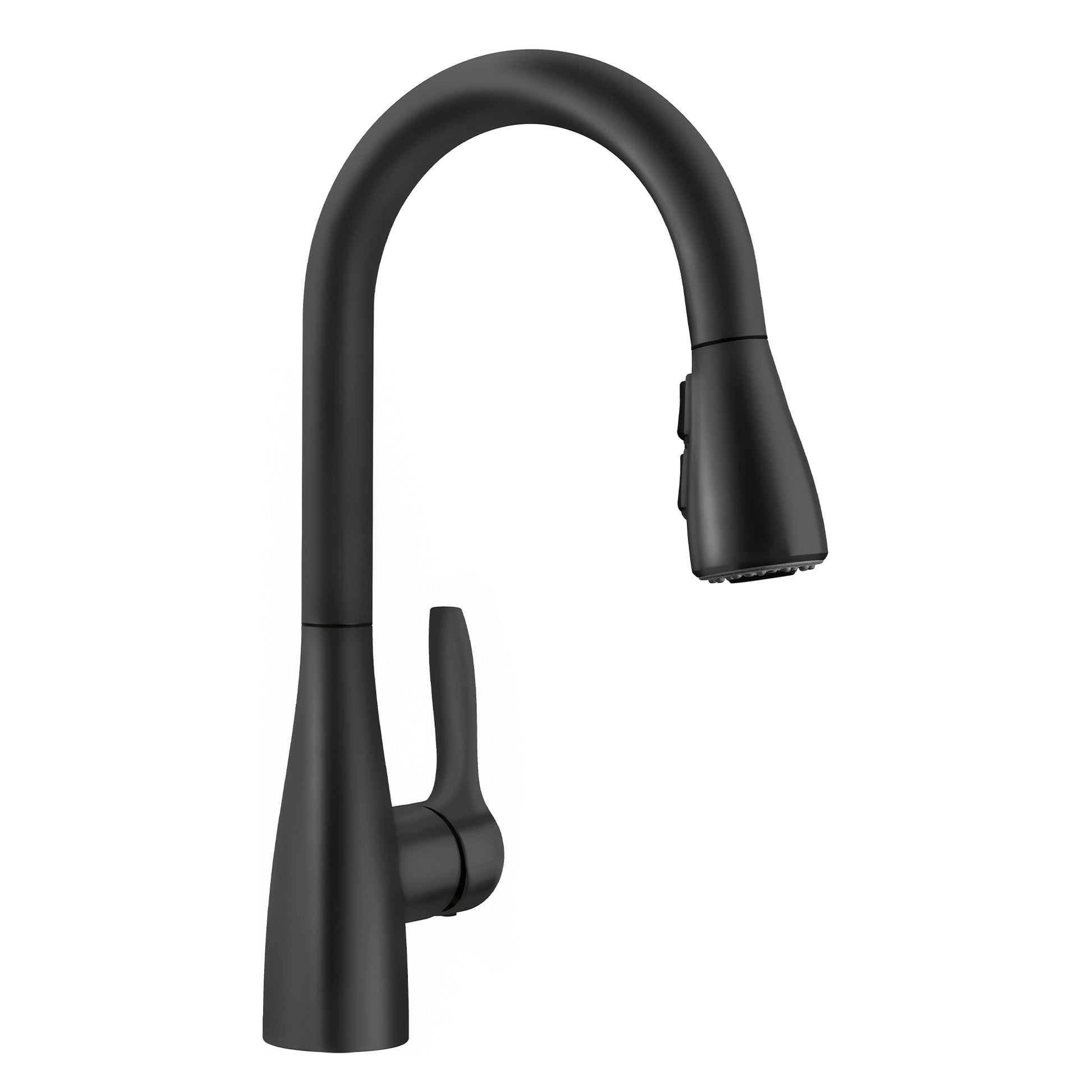 Matte black pull-down bar faucet with curved spout and single lever handle.
