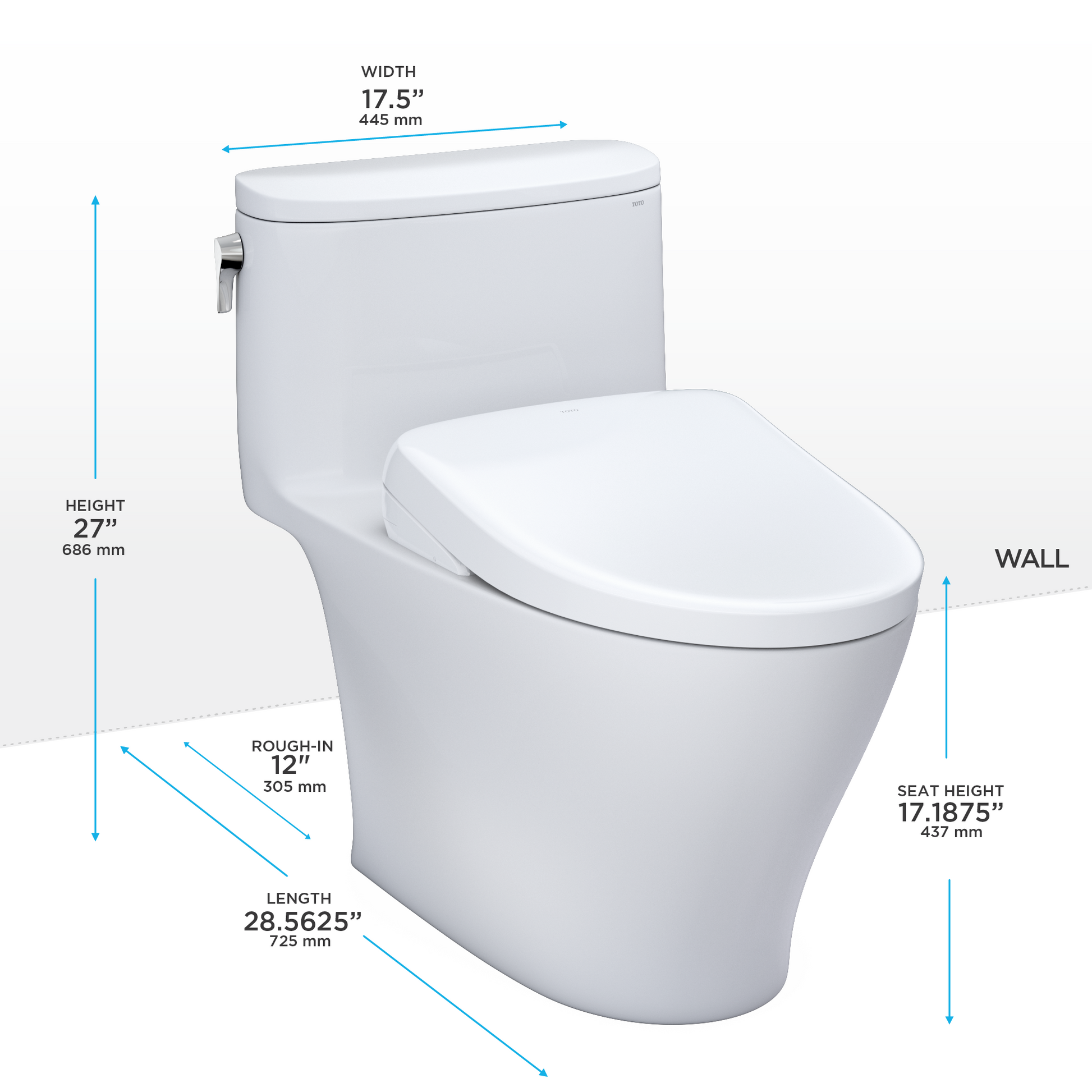 White elongated one-piece toilet with integrated bidet seat, 27" height, 17.5" width, showing dimension measurements.