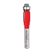 Silver router bit with red grip section and ball bearing guide at top.