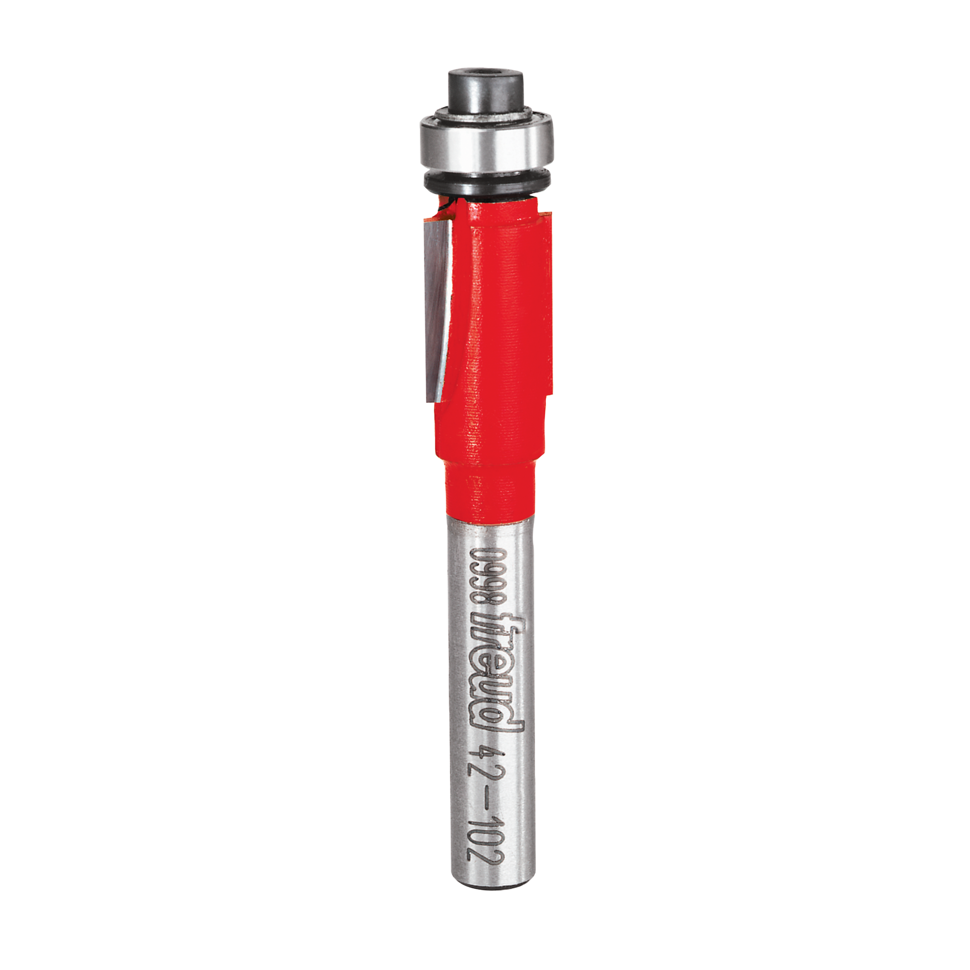 Silver router bit with red grip section and ball bearing guide at top.