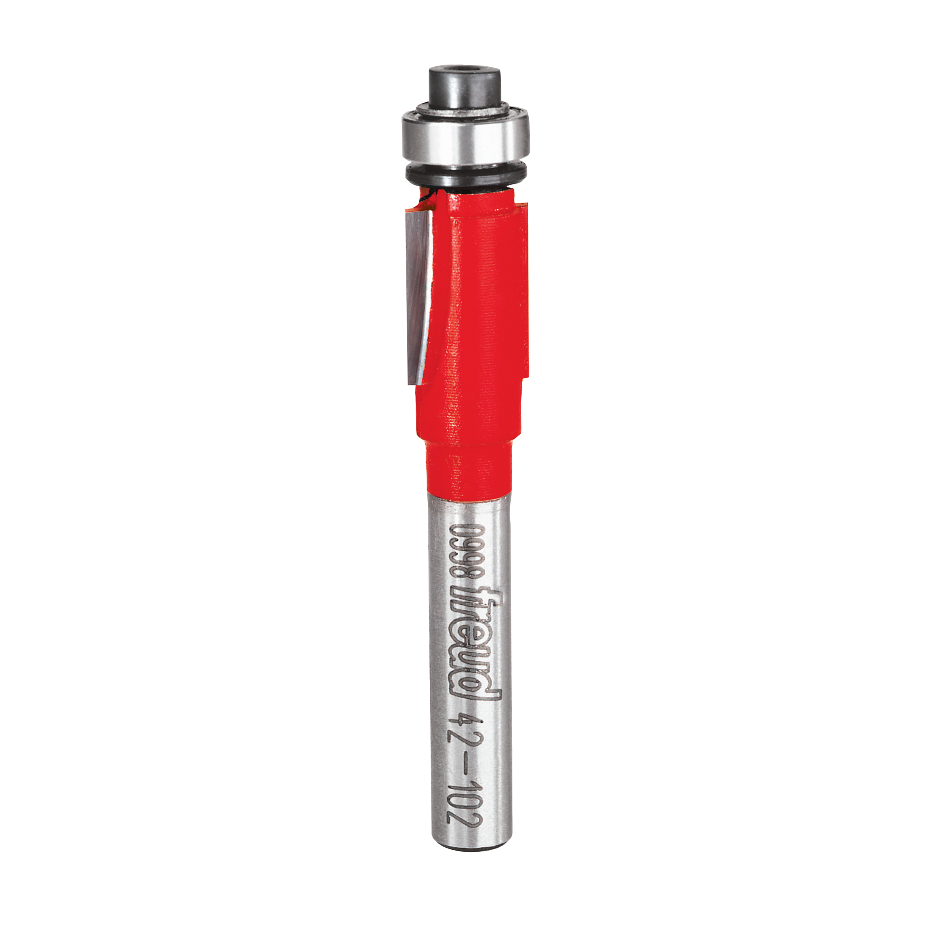 Silver router bit with red grip section and ball bearing guide at top.