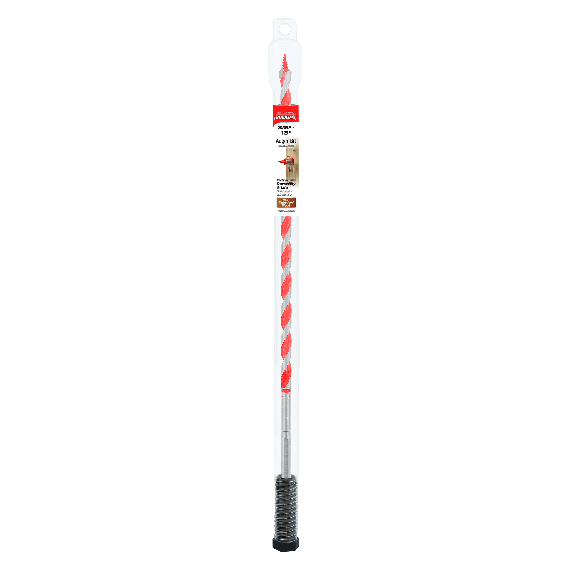 Red and silver twisted auger bit with plastic packaging and black grip handle at base.