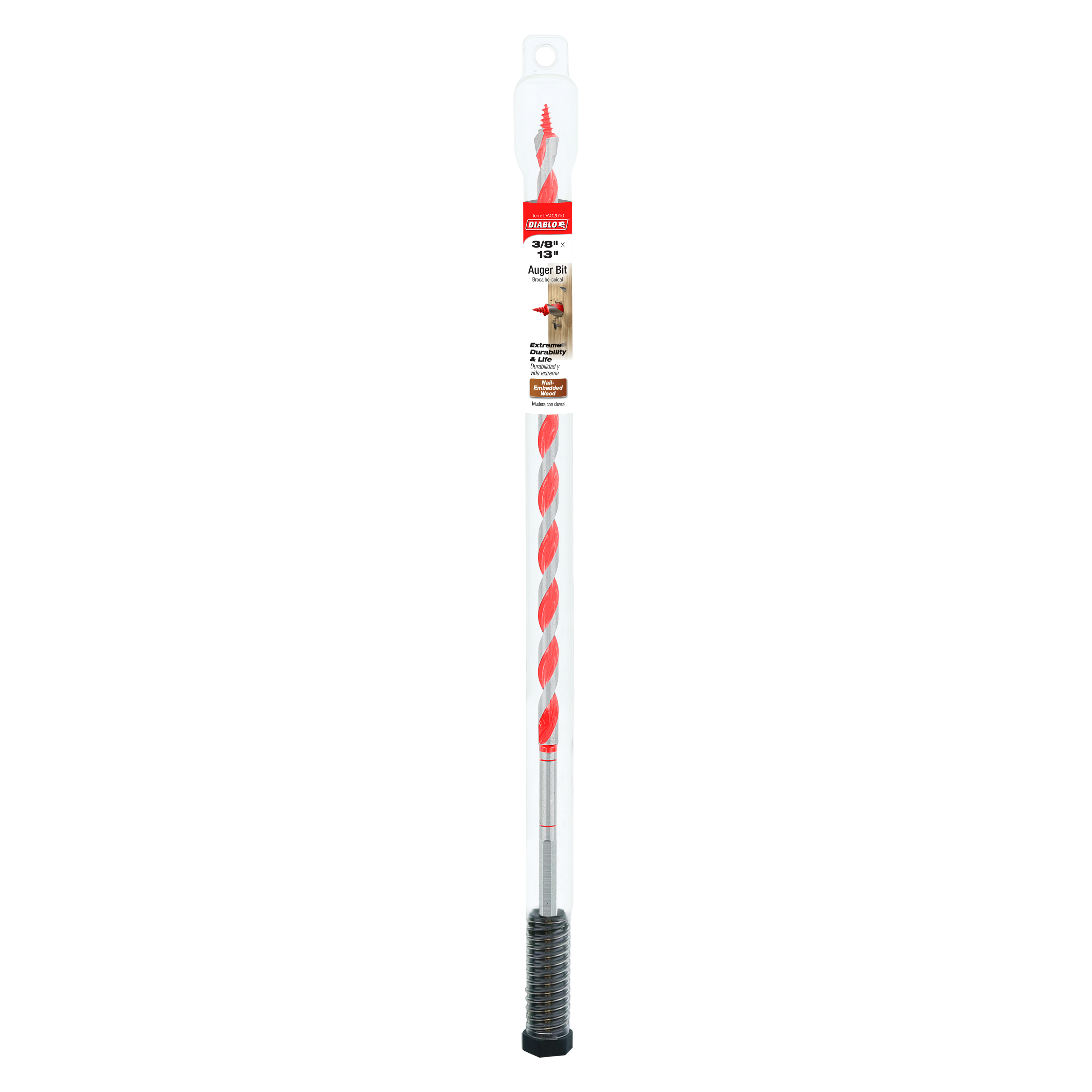 Red and silver twisted auger bit with plastic packaging and black grip handle at base.