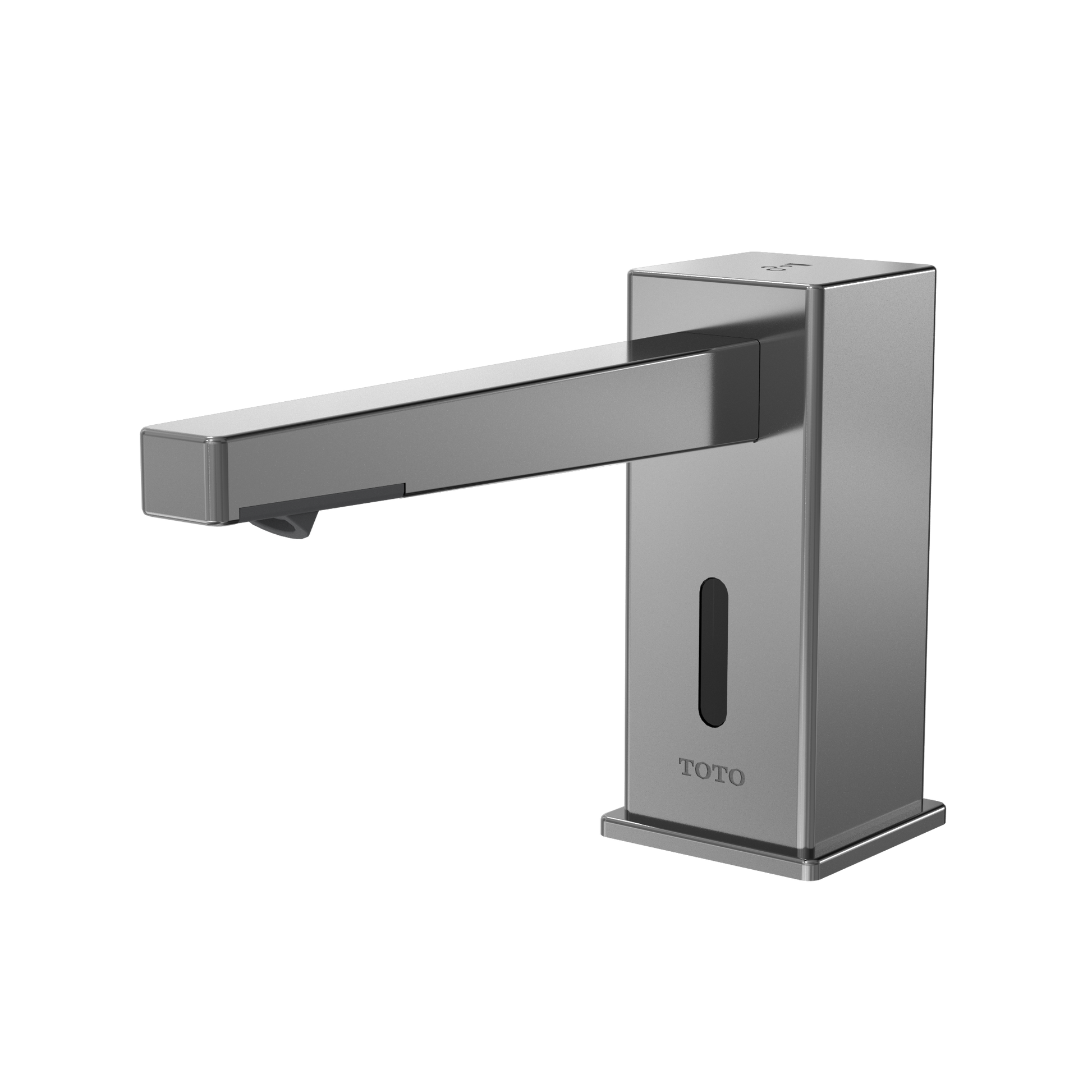 Polished chrome touchless soap dispenser with square spout and sensor-activated foam dispenser unit.