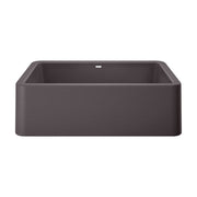 Cinder-colored single bowl farmhouse sink with apron front and rounded corners.