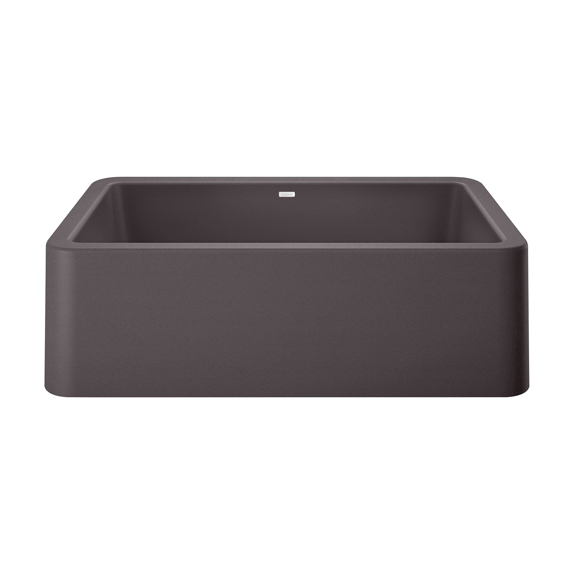 Cinder-colored single bowl farmhouse sink with apron front and rounded corners.