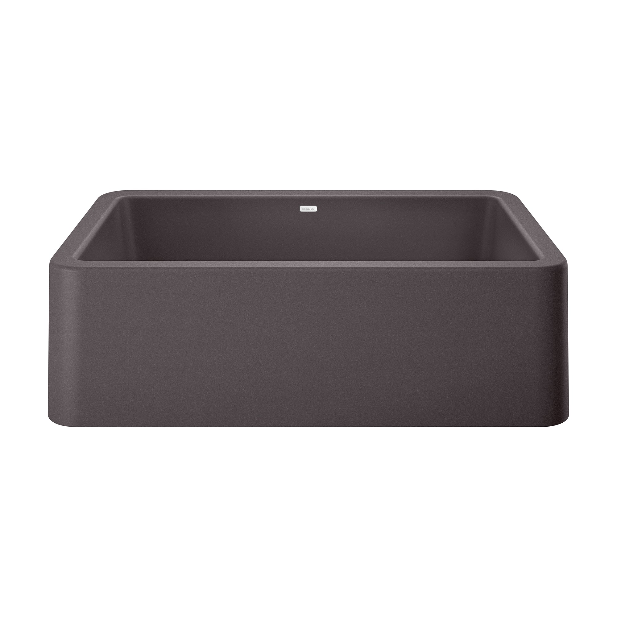 Cinder-colored single bowl farmhouse sink with apron front and rounded corners.