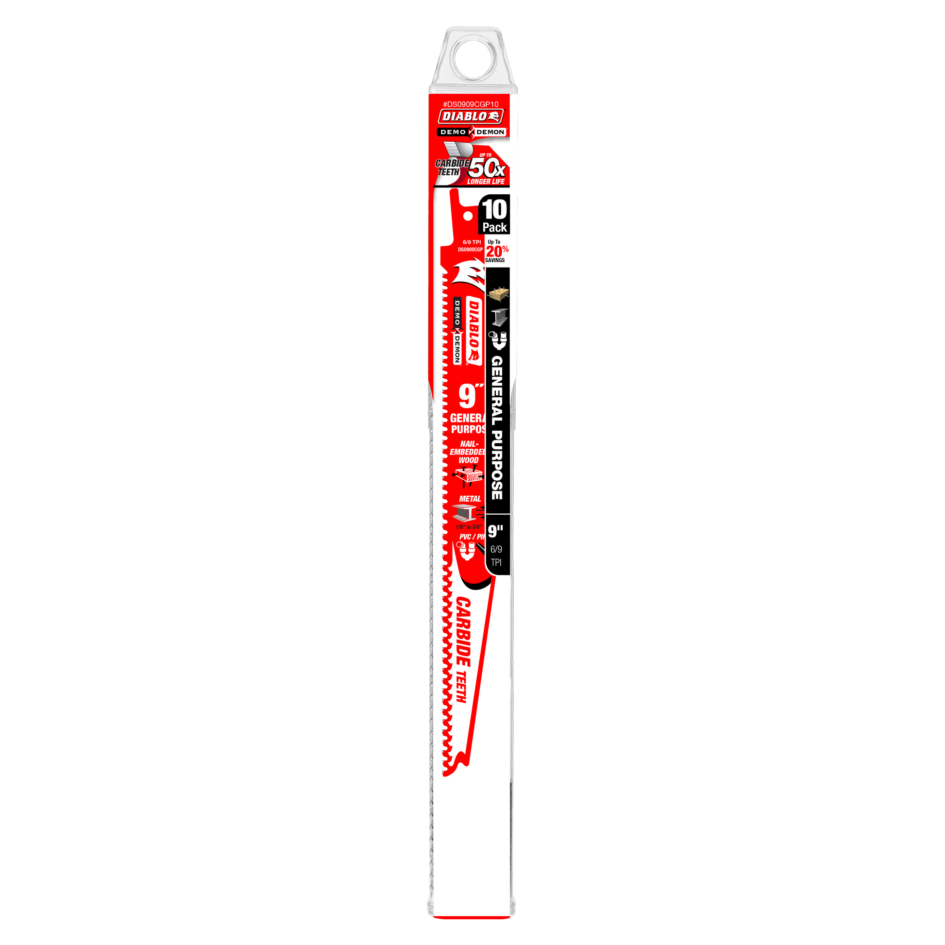 Ten-pack of 9-inch Diablo Demo Demon carbide reciprocating saw blades with red and black packaging.