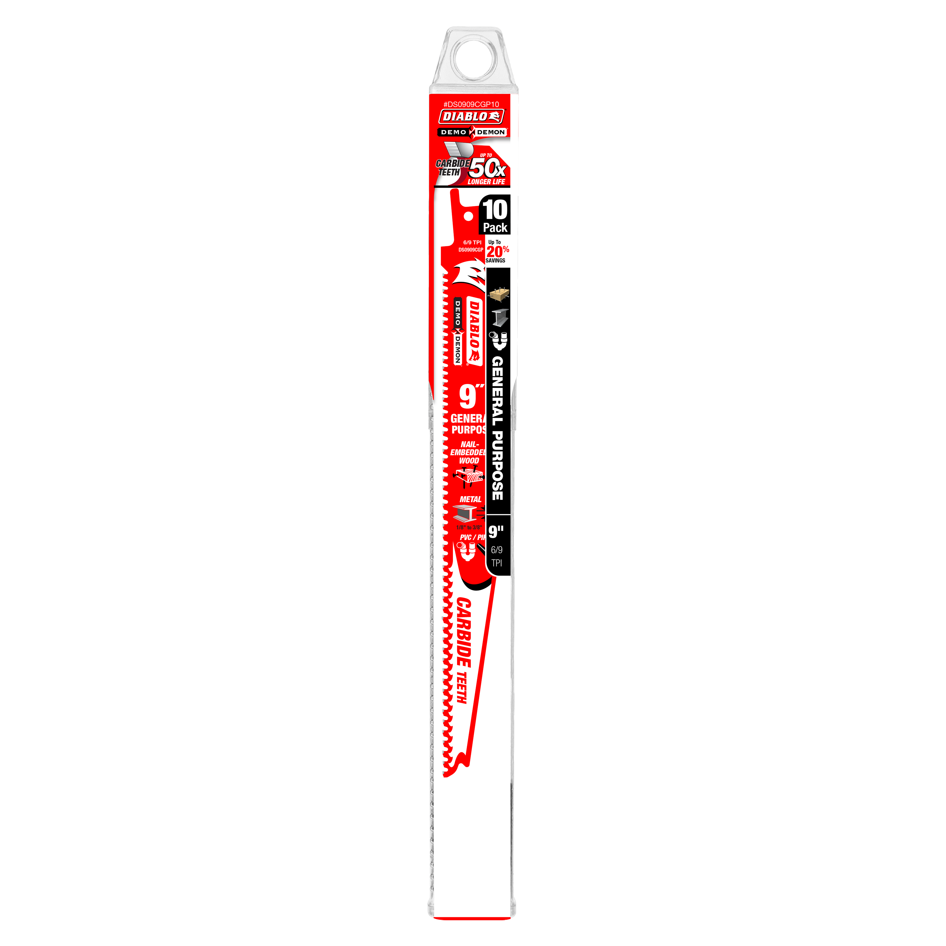 Ten-pack of 9-inch Diablo Demo Demon carbide reciprocating saw blades with red and black packaging.