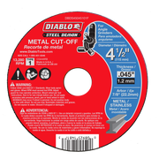 Red circular metal cut-off disc with white center hole, labeled Diablo Steel Demon, 4-1/2 inch diameter.