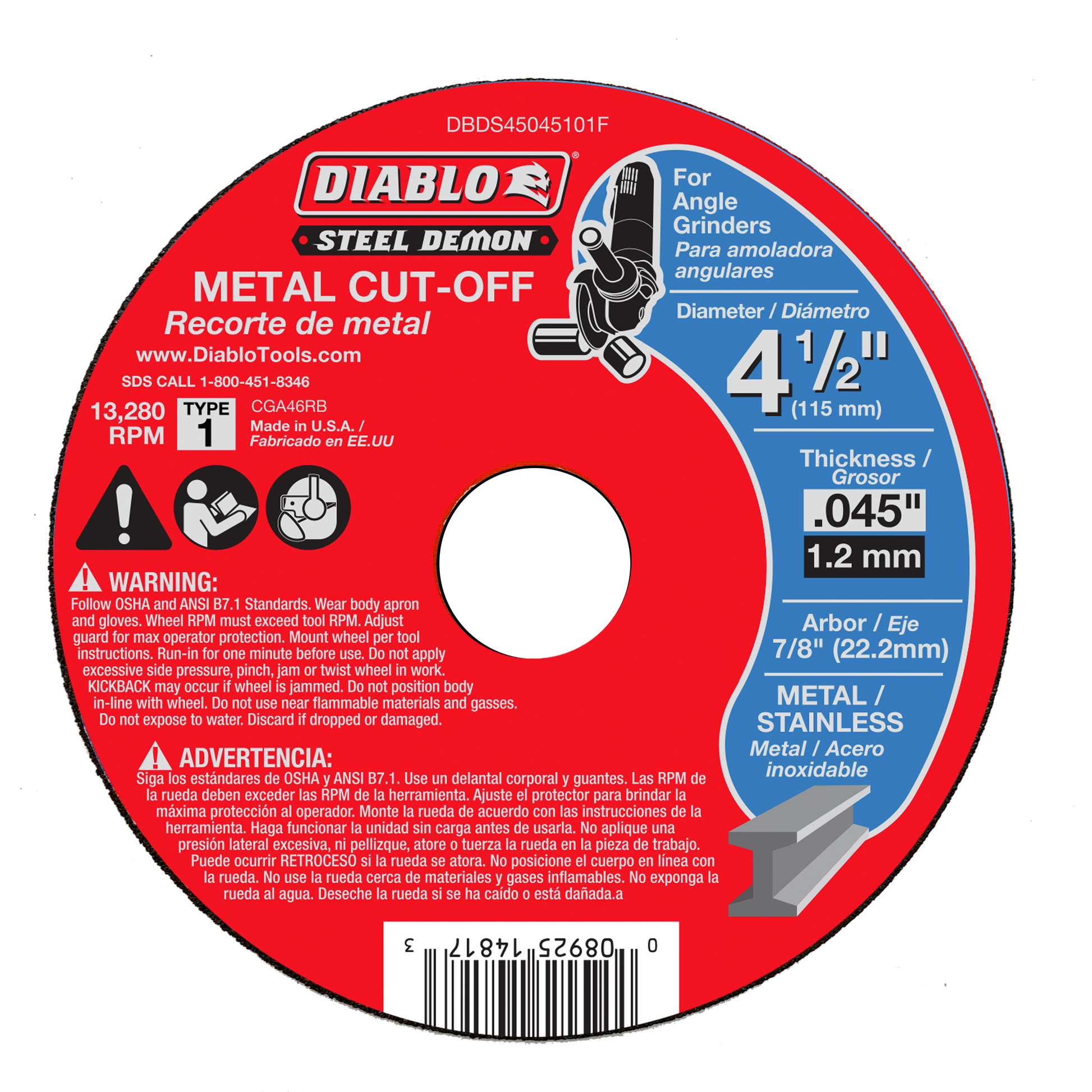 Red circular metal cut-off disc with white center hole, labeled Diablo Steel Demon, 4-1/2 inch diameter.