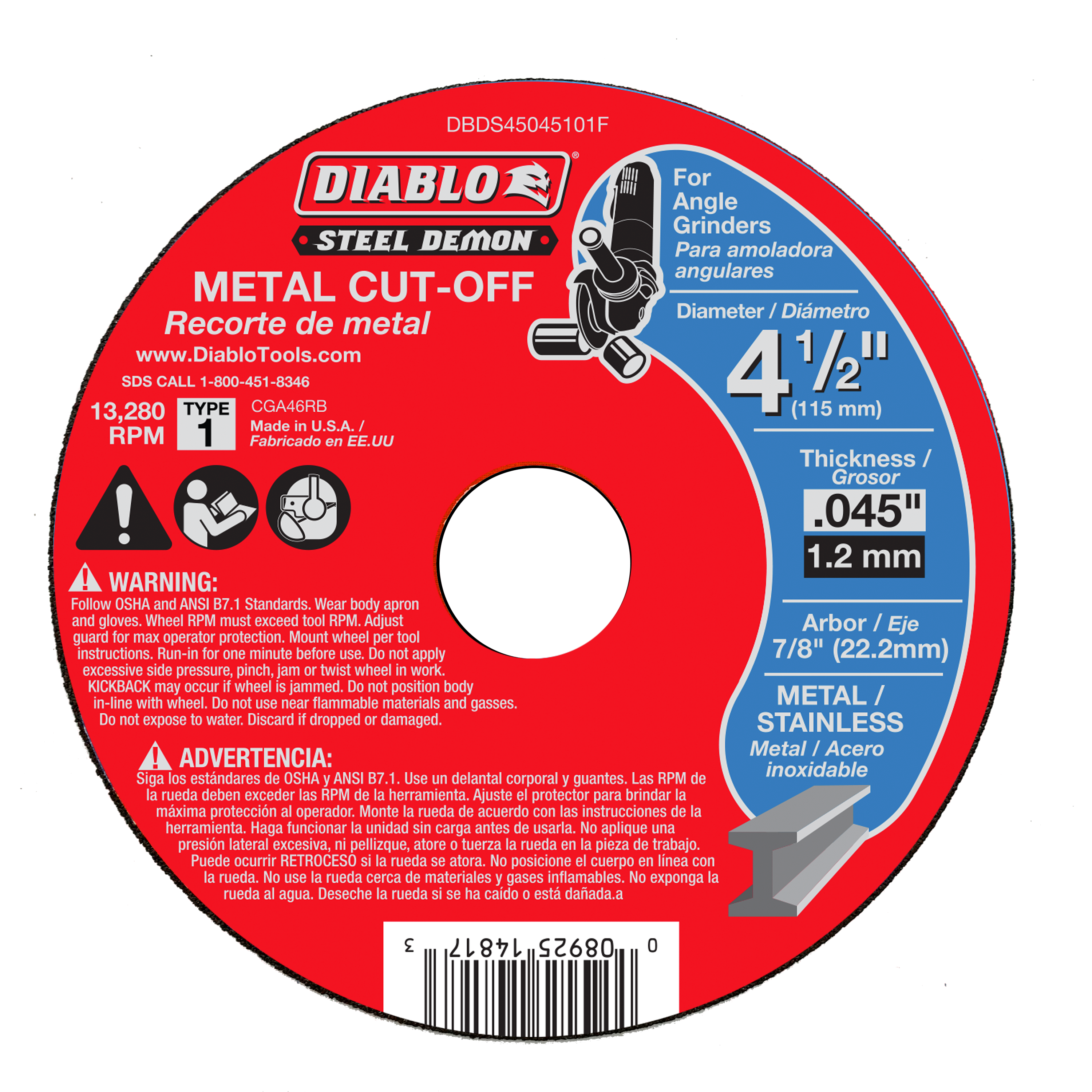Red circular metal cut-off disc with white center hole, labeled Diablo Steel Demon, 4-1/2 inch diameter.