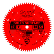 Red circular saw blade with 72 teeth, 5/8" arbor hole, labeled Freud Industrial Solid Surface for swirl and burn-free cuts.
