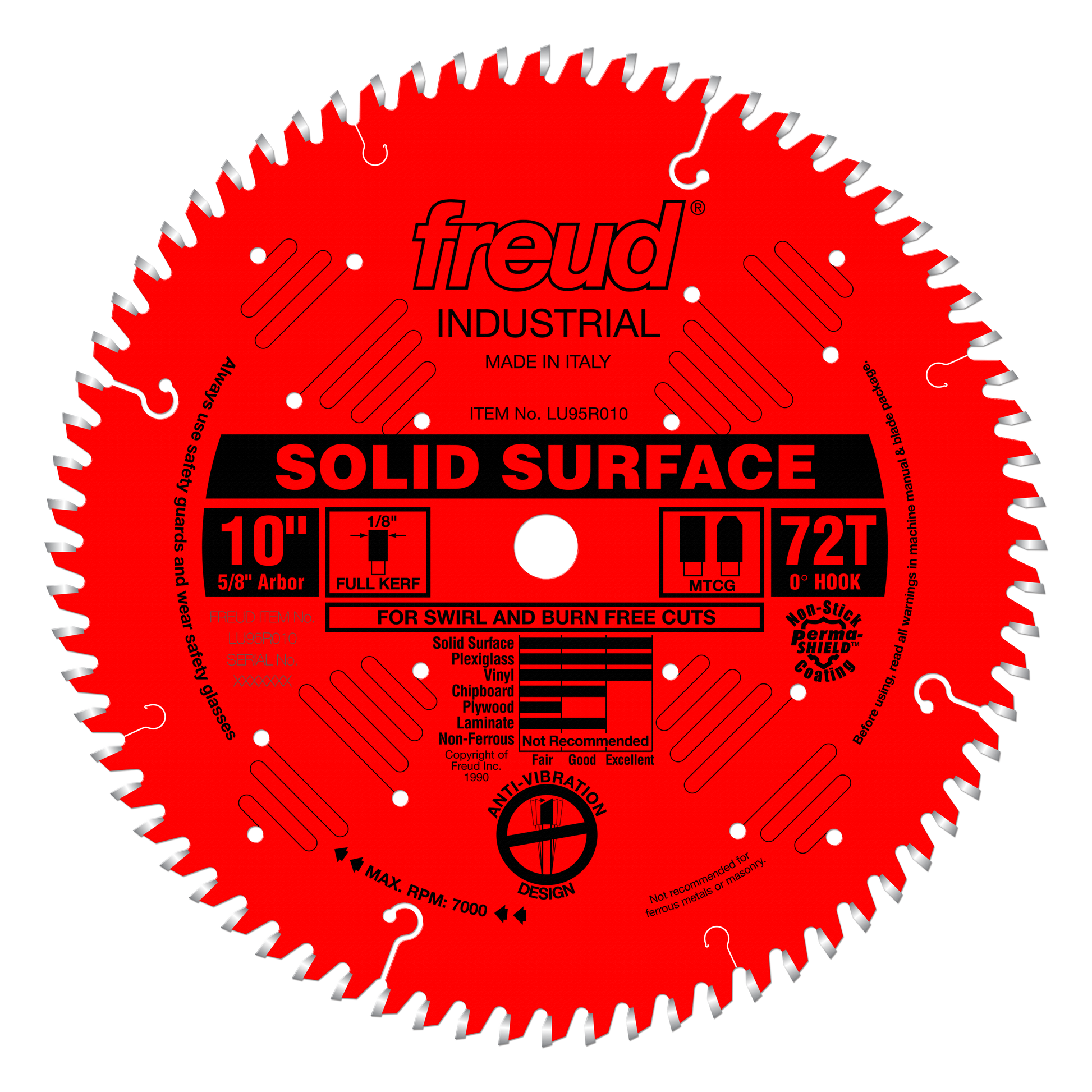 Red circular saw blade with 72 teeth, 5/8" arbor hole, labeled Freud Industrial Solid Surface for swirl and burn-free cuts.