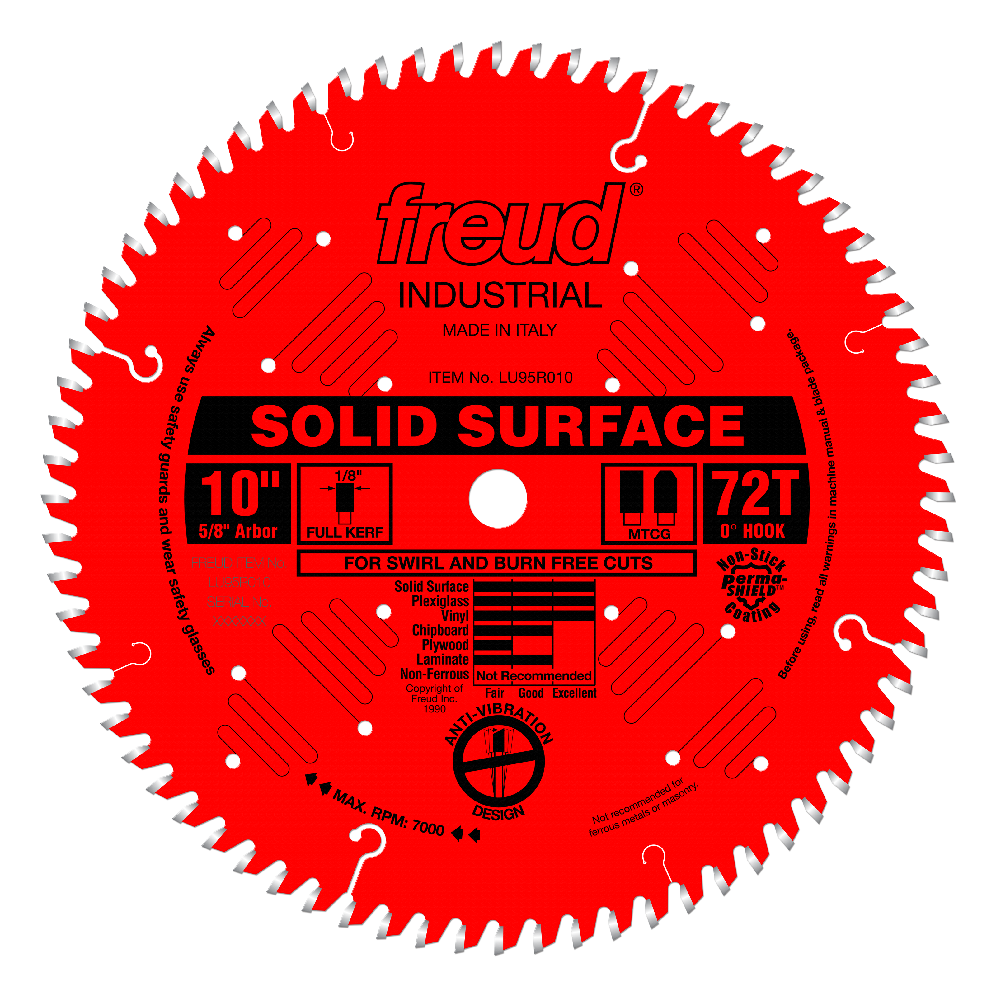 Red circular saw blade with 72 teeth, 5/8" arbor hole, labeled Freud Industrial Solid Surface for swirl and burn-free cuts.