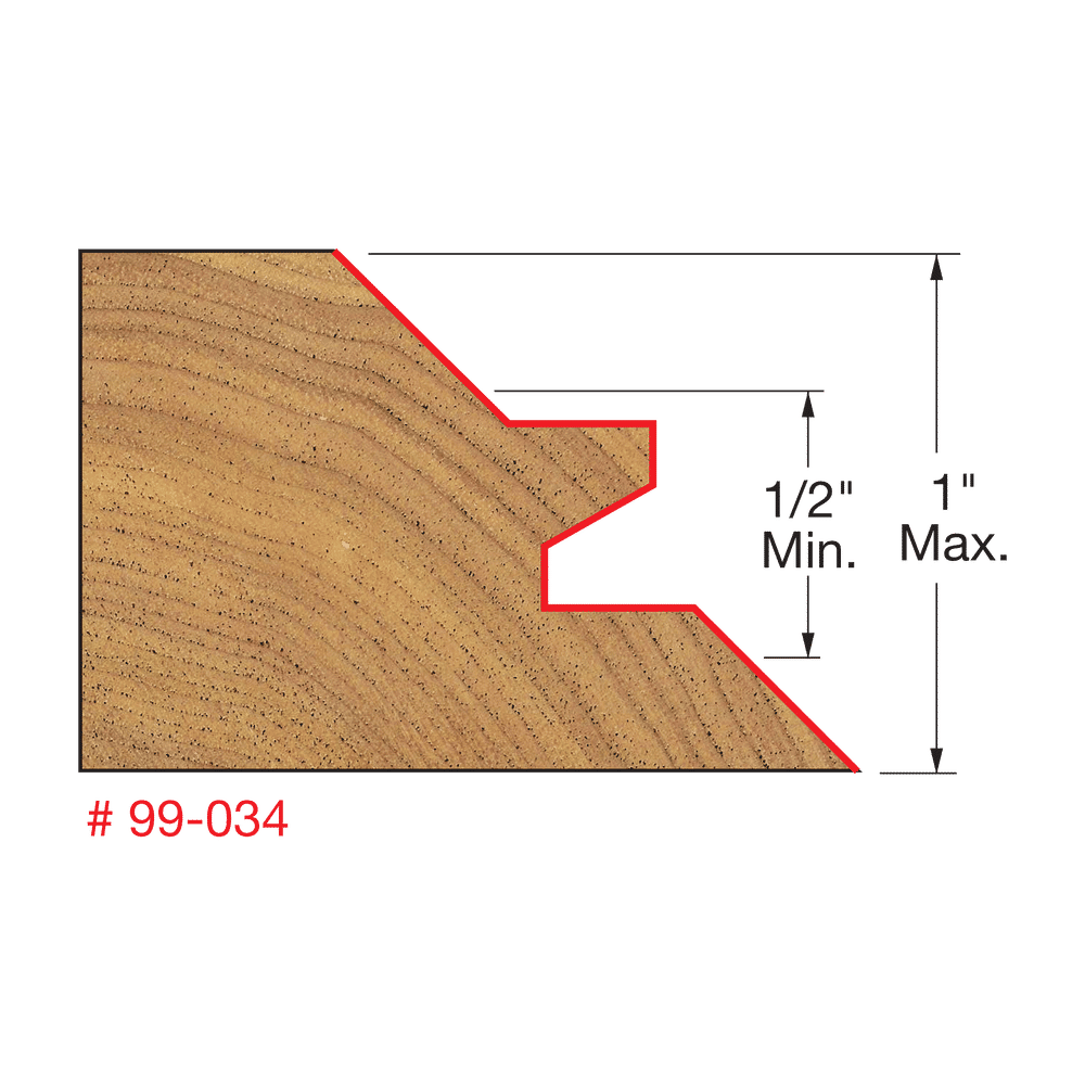 Lock miter router bit with interlocking tooth profile and red cutting edges shown in cross-section diagram.