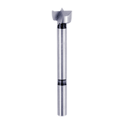 Silver cylindrical Forstner bit with dual-wing cutting head and black grip bands on shaft.