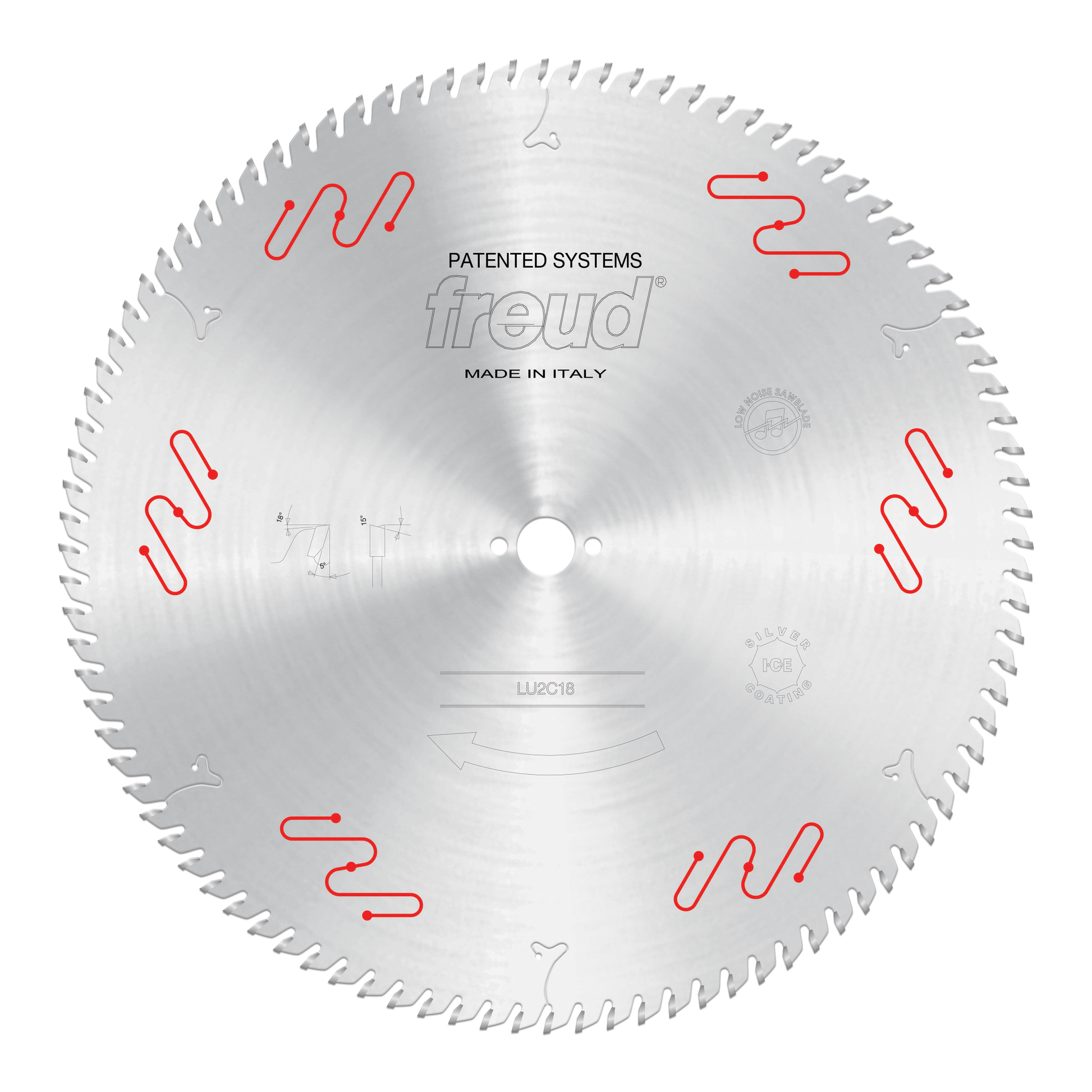 Freud LU2C18 circular saw blade with carbide-tipped teeth and red wavy markings around perimeter.