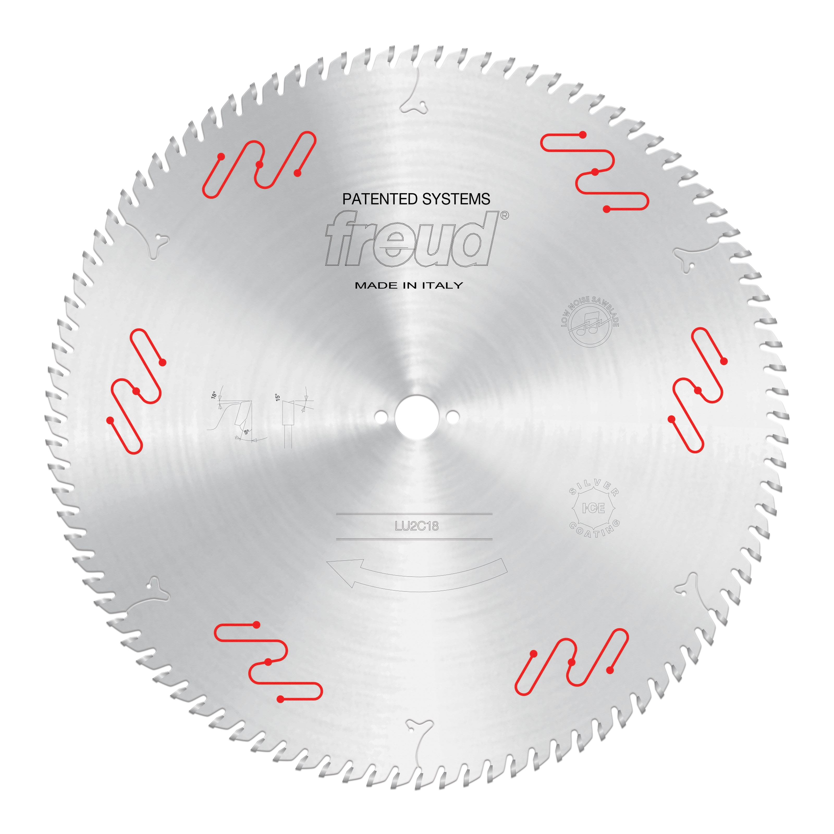 Freud LU2C18 circular saw blade with carbide-tipped teeth and red wavy markings around perimeter.