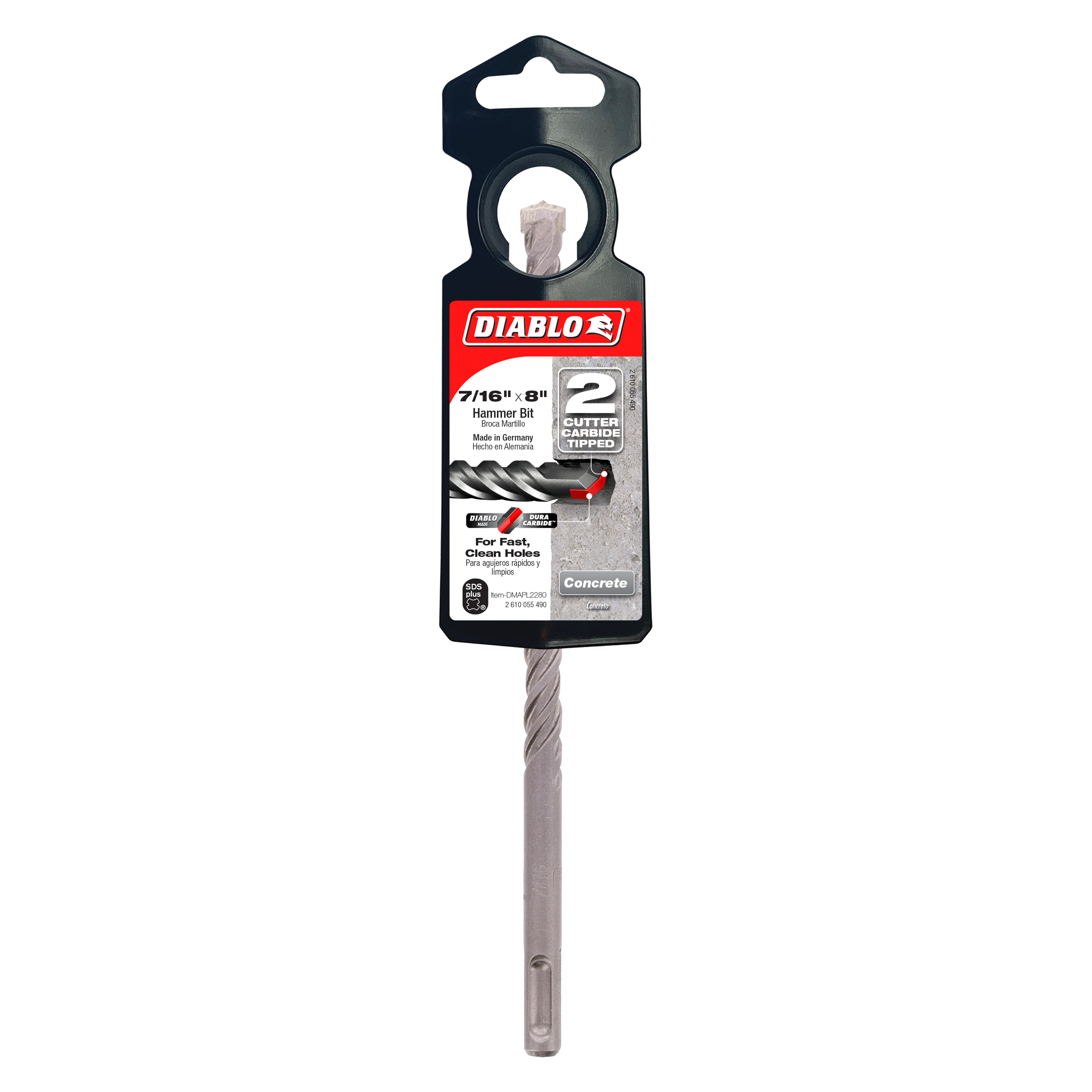 Diablo SDS-Plus hammer drill bit with 2-cutter design and black packaging label, 7/16 inch diameter.