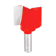 Red and silver router bit with double flute cutting edges and cylindrical shank.