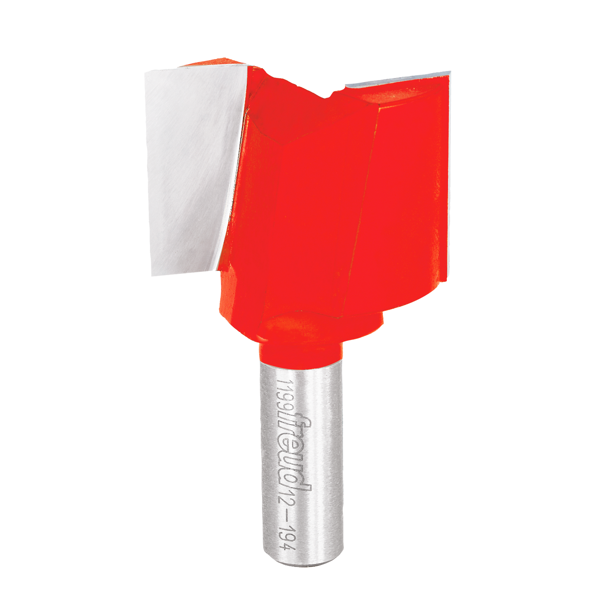 Red and silver router bit with double flute cutting edges and cylindrical shank.