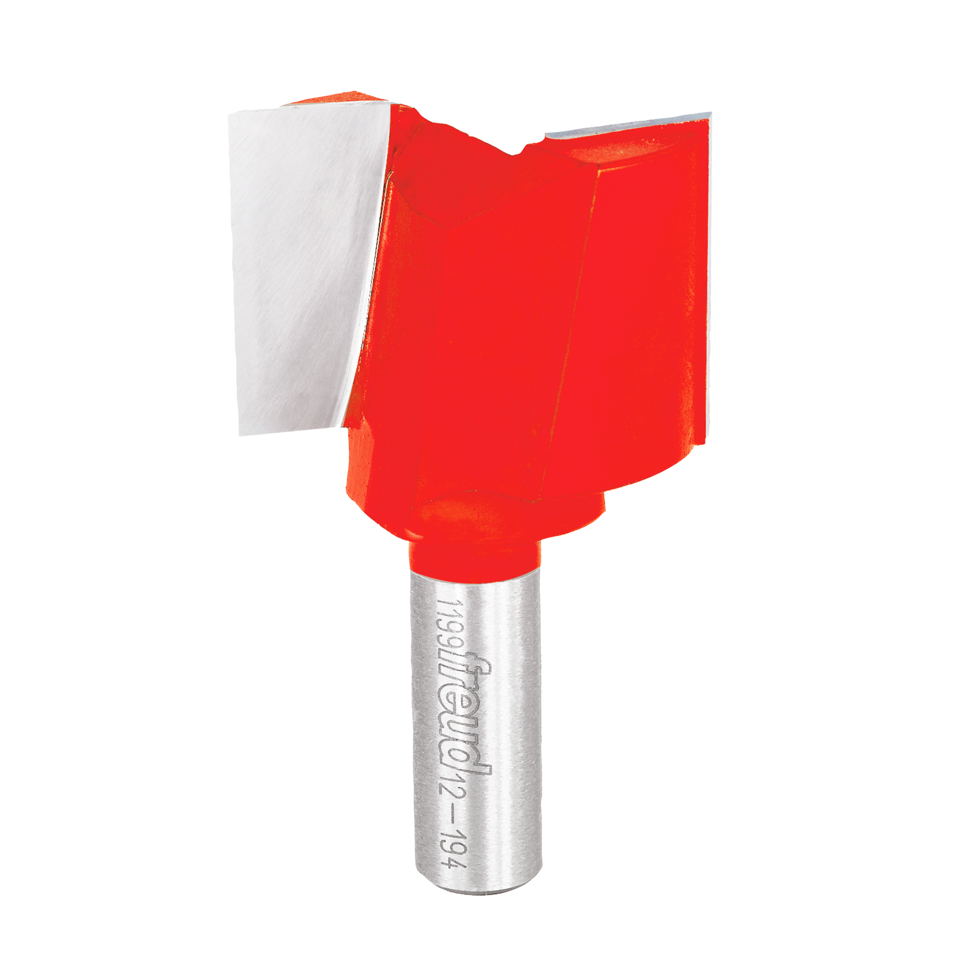 Red and silver router bit with double flute cutting edges and cylindrical shank.