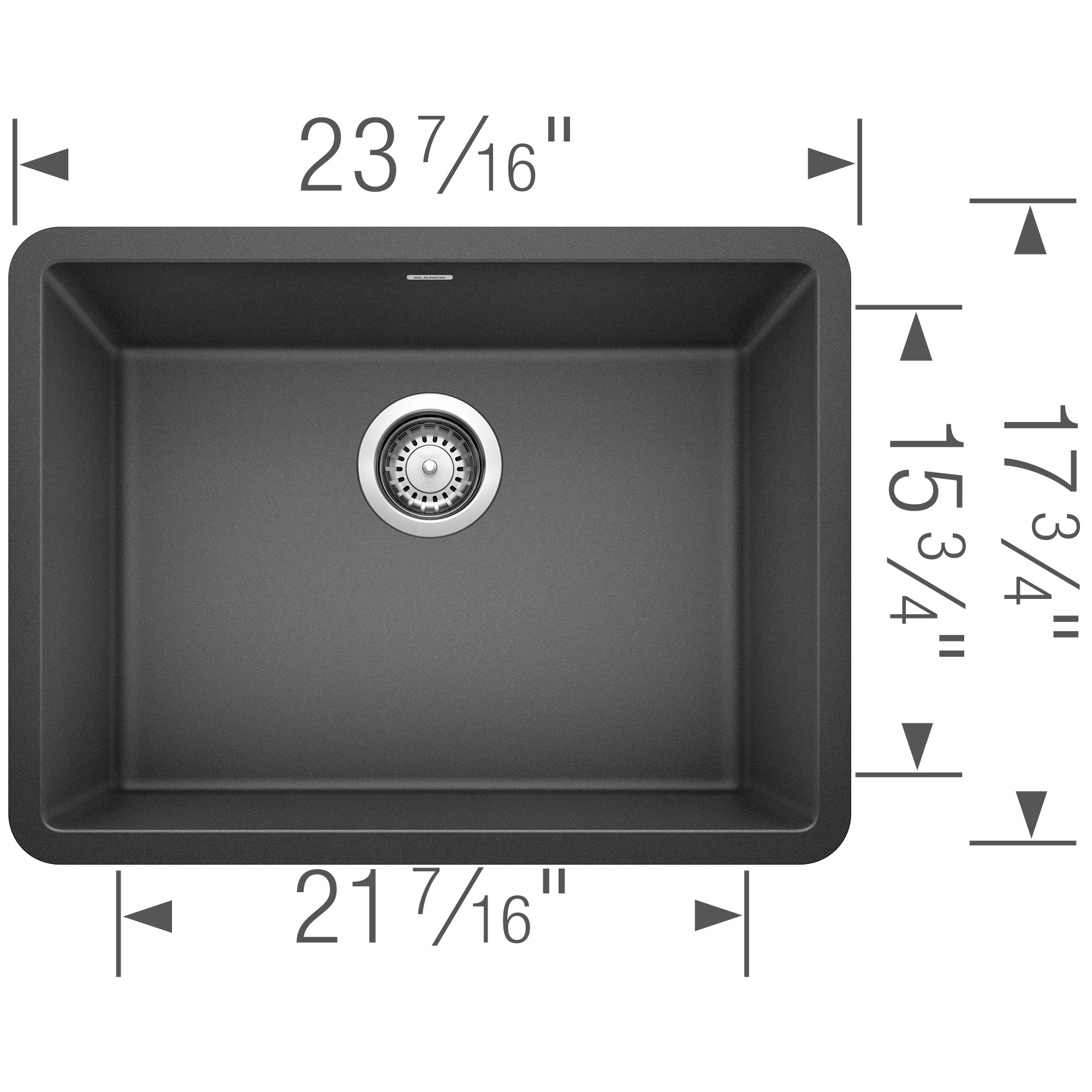 Anthracite single bowl undermount kitchen sink with drain strainer and dimension measurements shown.