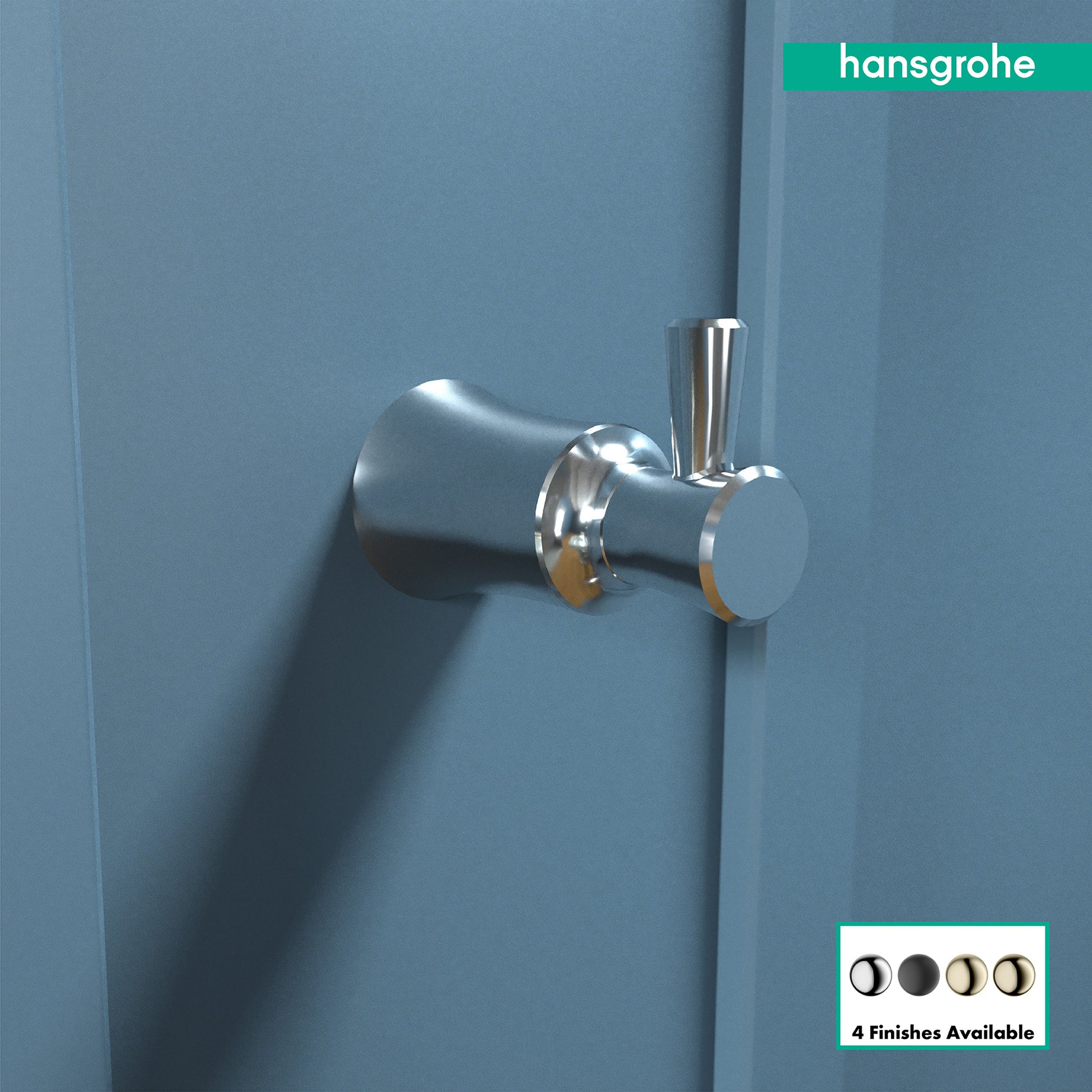 Chrome wall-mounted hook with cylindrical body and upright curved arm mounted on blue wall.