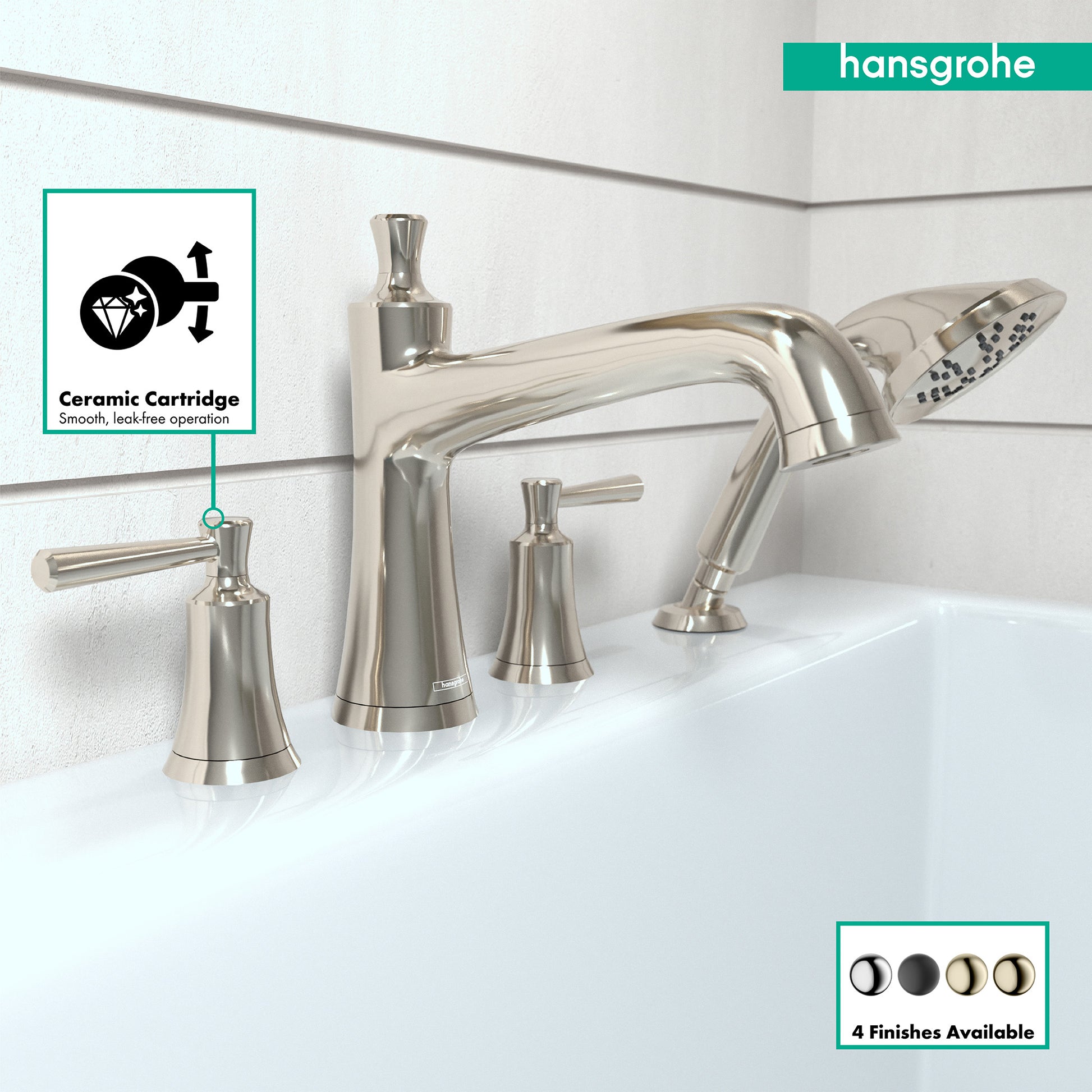 Polished nickel four-hole roman tub set with curved spout, handheld showerhead, and two lever handles mounted on white bathtu