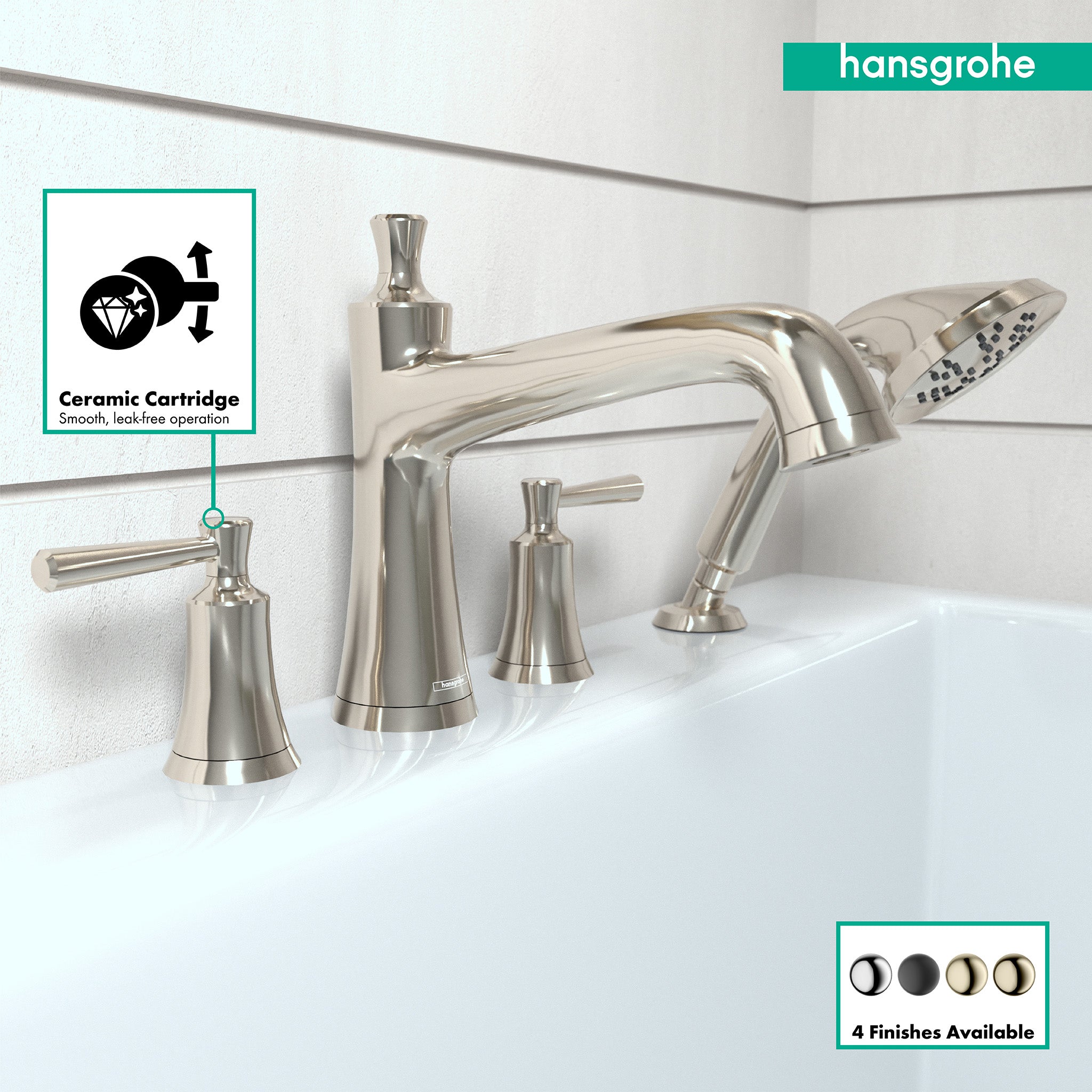 Polished nickel four-hole roman tub set with curved spout, handheld showerhead, and two lever handles mounted on white bathtu