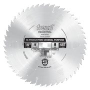 16-inch circular saw blade with 48 teeth, 1-inch arbor, labeled Freud Industrial Hi-Production General Purpose.