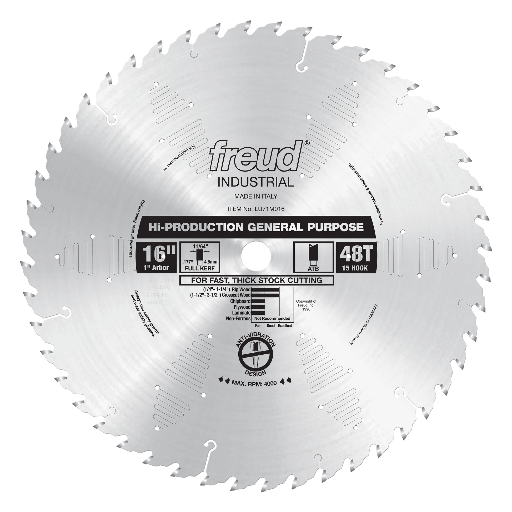 16-inch circular saw blade with 48 teeth, 1-inch arbor, labeled Freud Industrial Hi-Production General Purpose.