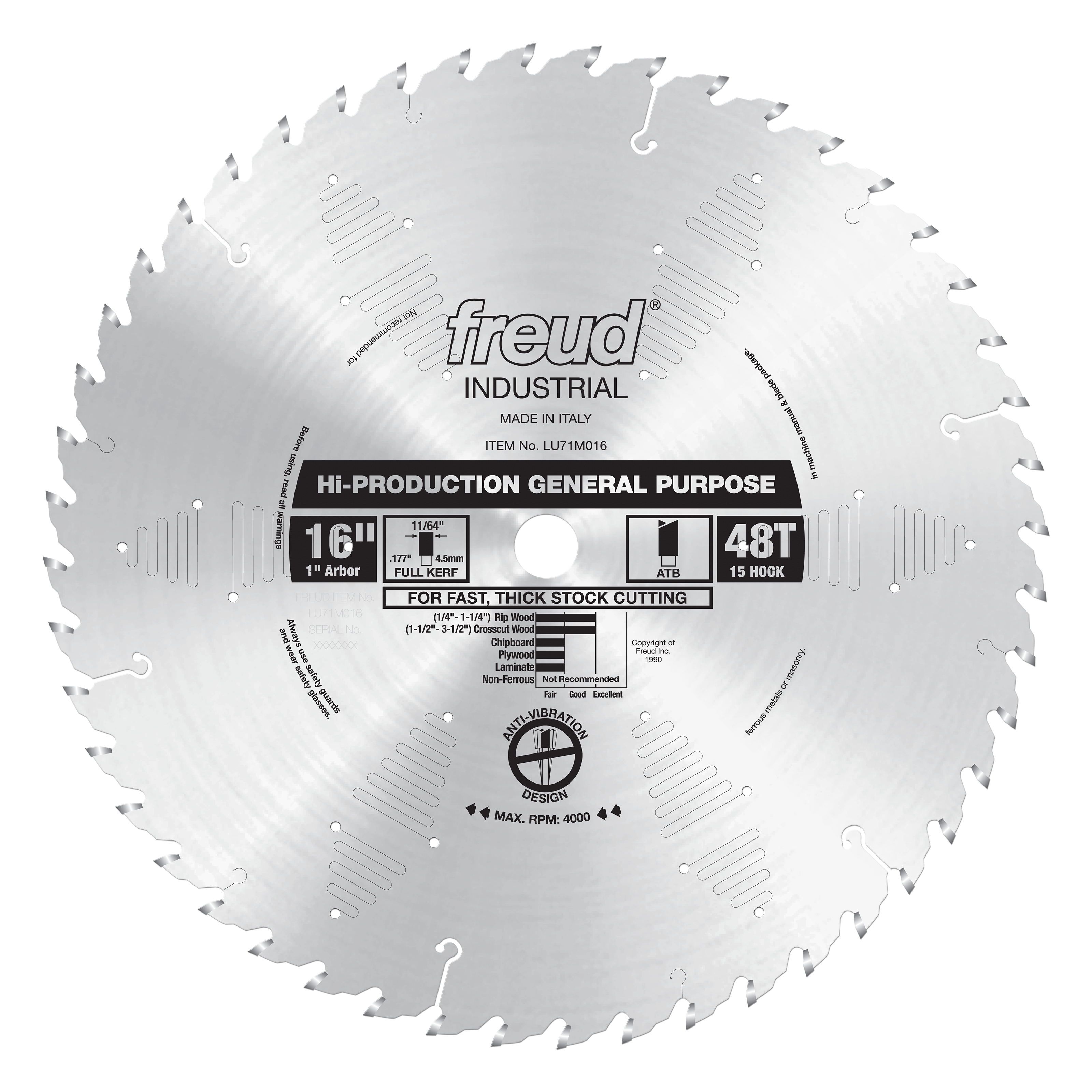 16-inch circular saw blade with 48 teeth, 1-inch arbor, labeled Freud Industrial Hi-Production General Purpose.