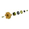Brass faucet repair kit components arranged in a row showing valve body and internal parts.