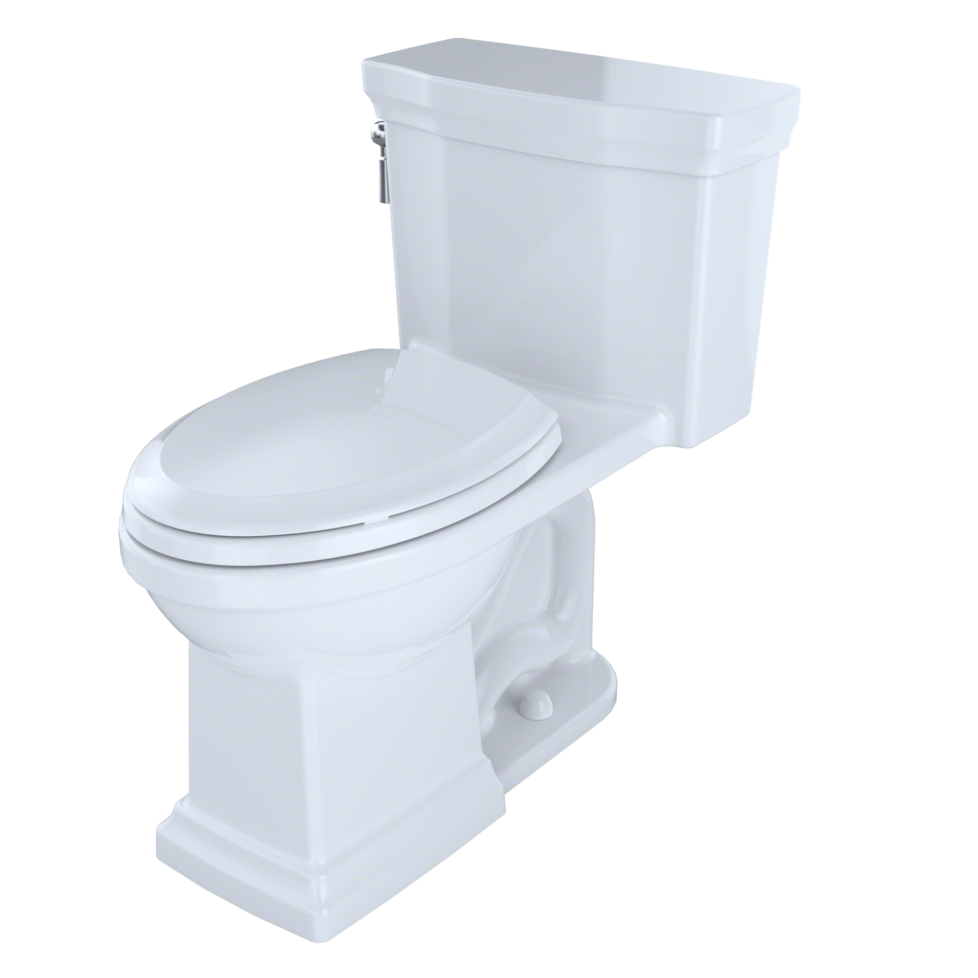 Bone-colored one-piece elongated toilet with closed soft-close seat and matching tank.