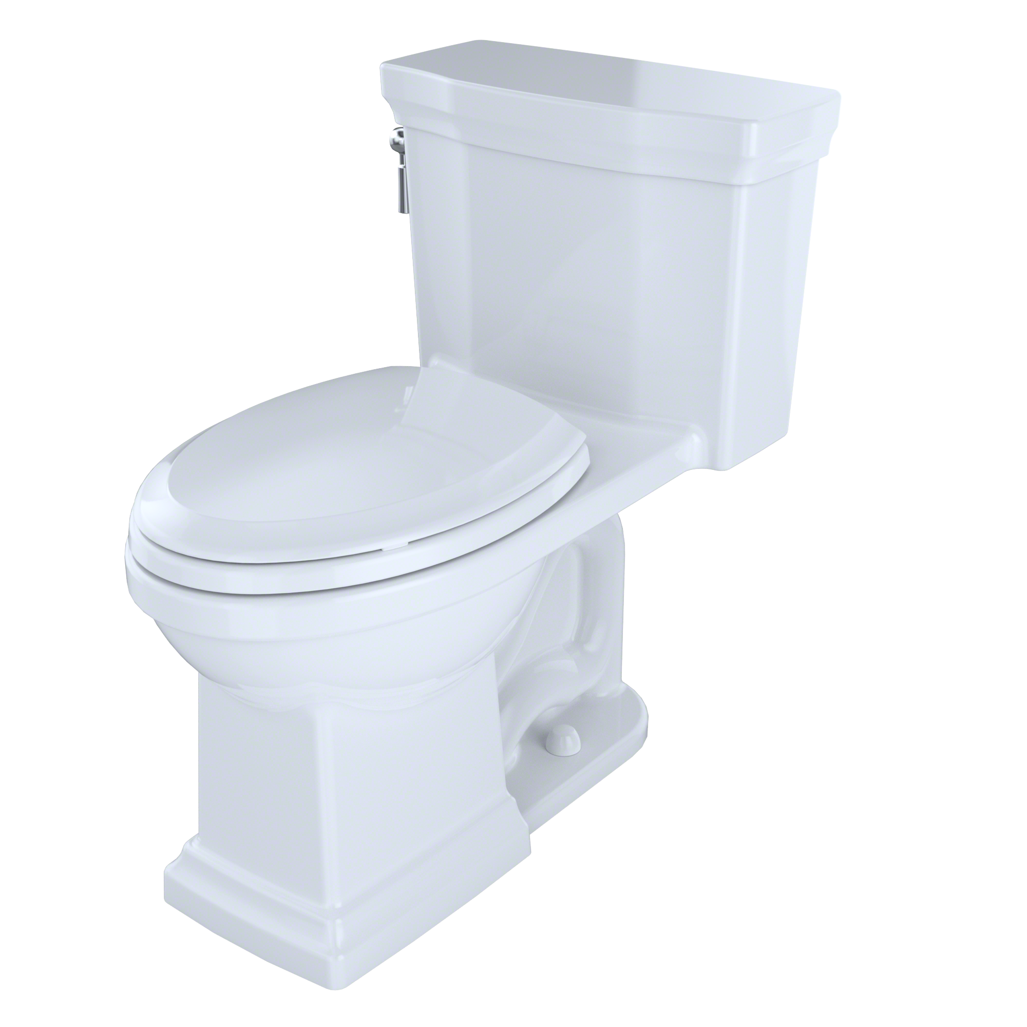 White elongated one-piece toilet with soft-close seat and tank mounted on pedestal base.