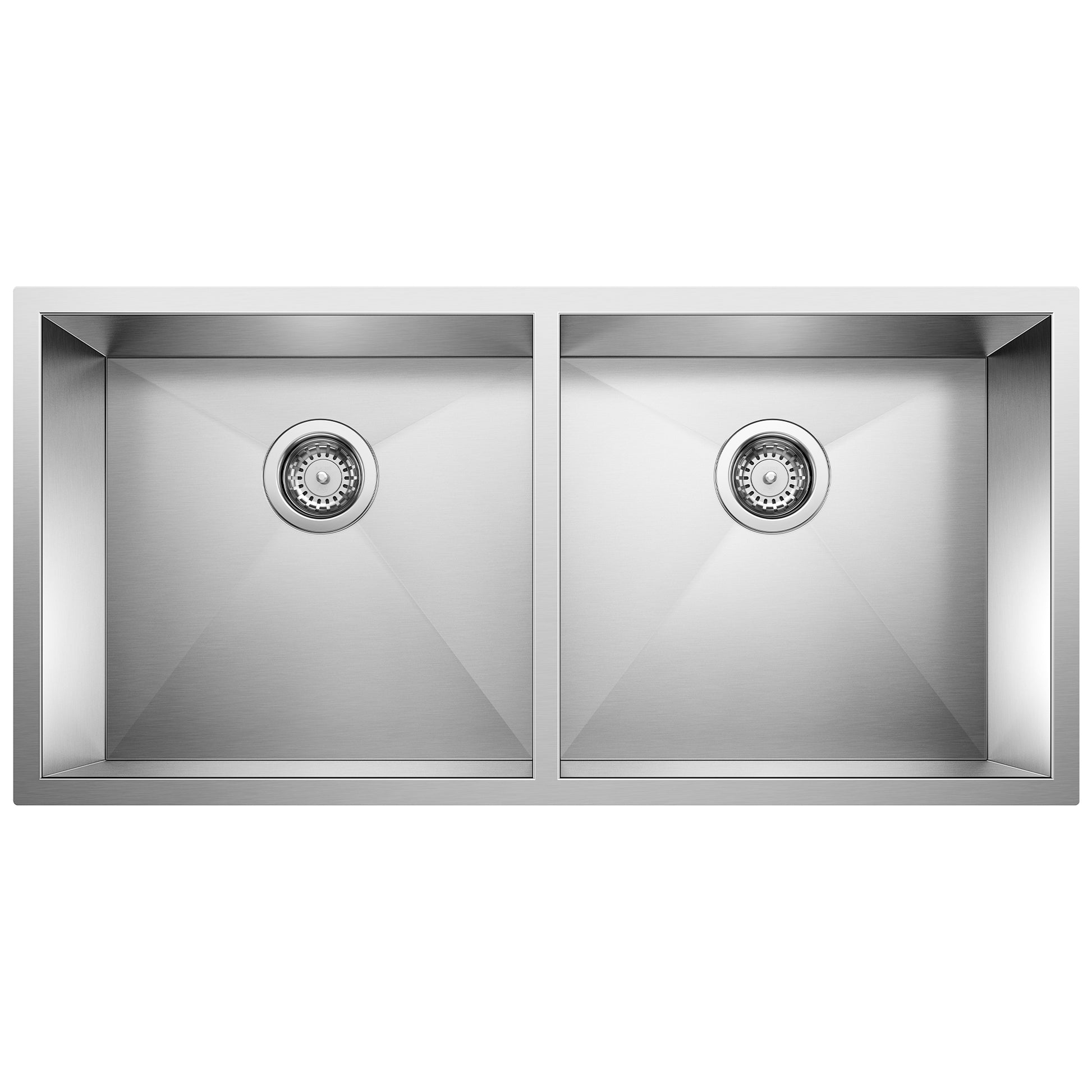 Stainless steel double bowl sink with two equal-sized rectangular basins and drain strainers.